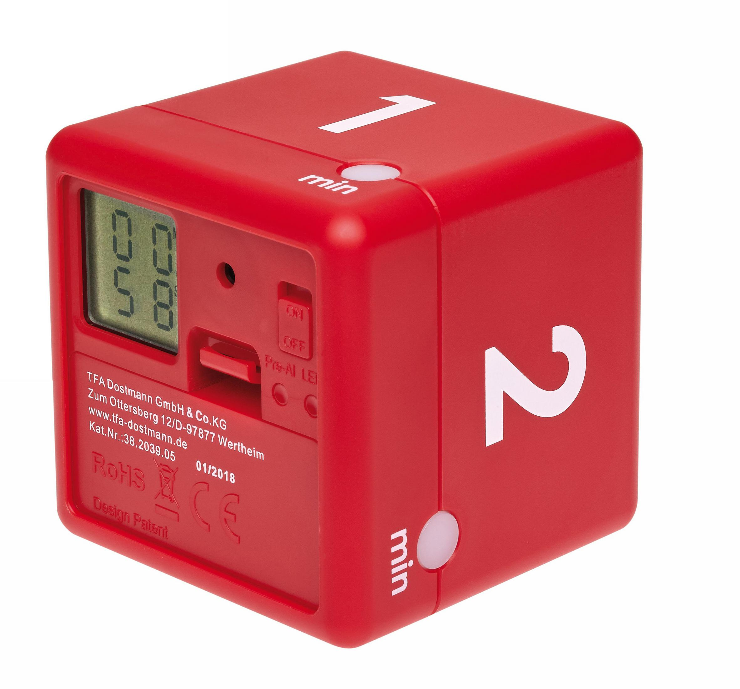 Roter Würfel-Timer mit Digitalanzeige. Zeigt 0:59 an. Hat Tasten für Minuten und einen Schiebeschalter für EIN/AUS.