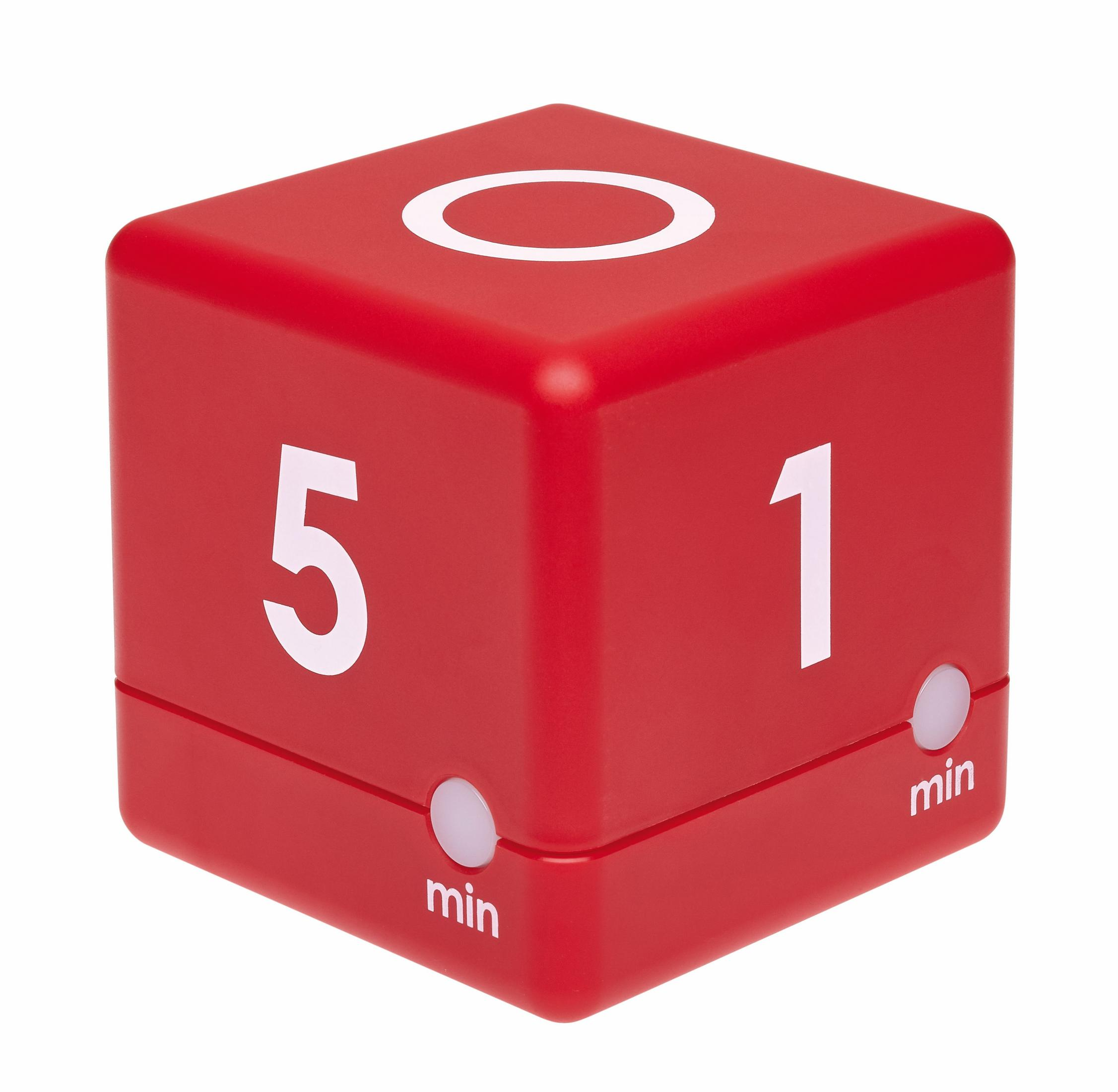 Roter Würfel-Timer mit weißen Zahlen 5, 1 und einem weißen Kreis. Das Wort min steht.