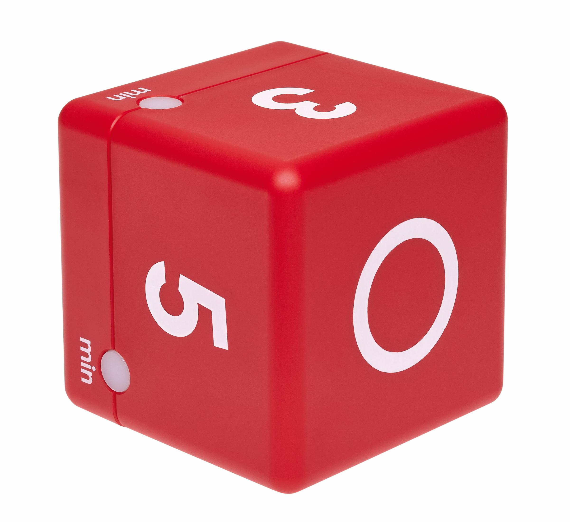 Roter Würfel-Timer mit weißen Zahlen 0, 3 und 5 sowie zwei Knöpfen mit der Aufschrift 'min'.