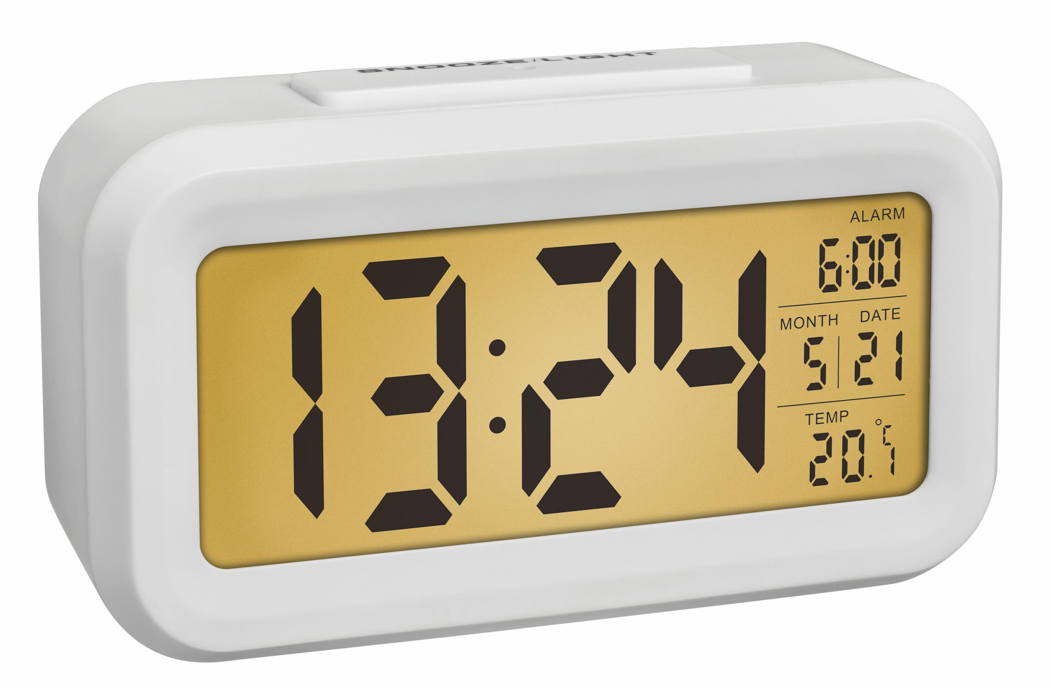 Réveil numérique blanc. Affiche 13:24, alarme, mois, date et température. Fond blanc.