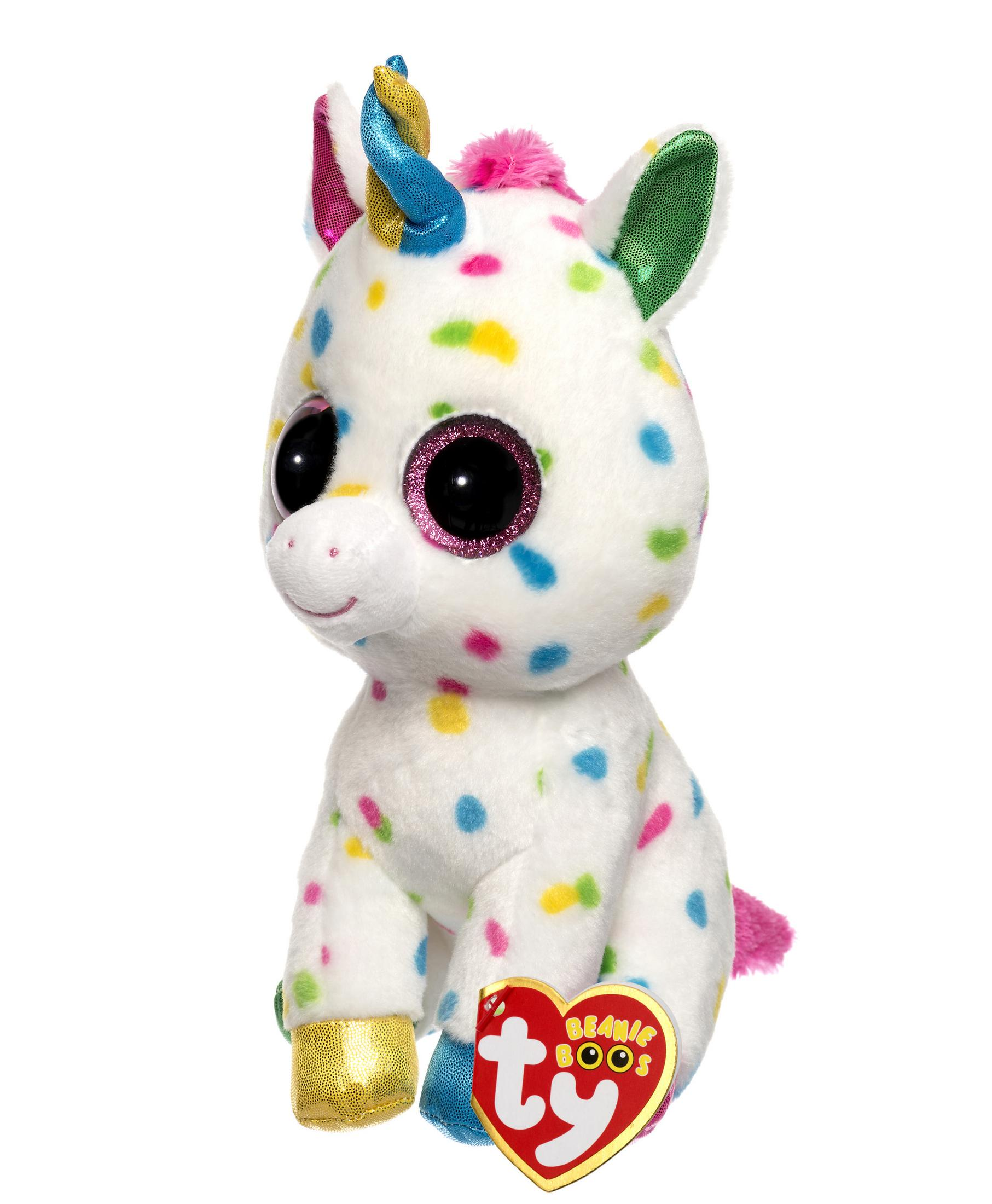 Biały pluszowy jednorożec z kolorowymi kropkami, rogiem i grzywą, z metką 'Beanie Boos'.