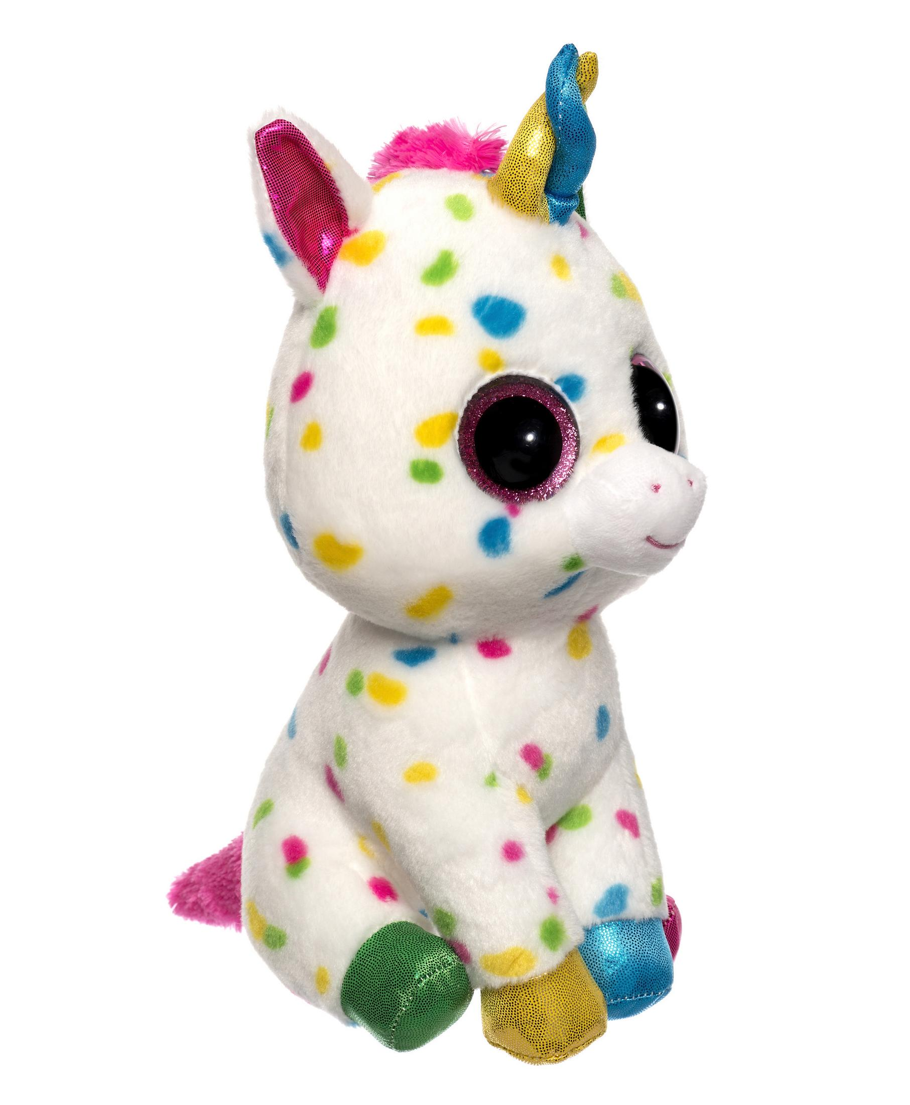 Biały pluszowy jednorożec z kolorowymi plamkami, różowymi i niebieskimi akcentami, siedzący.