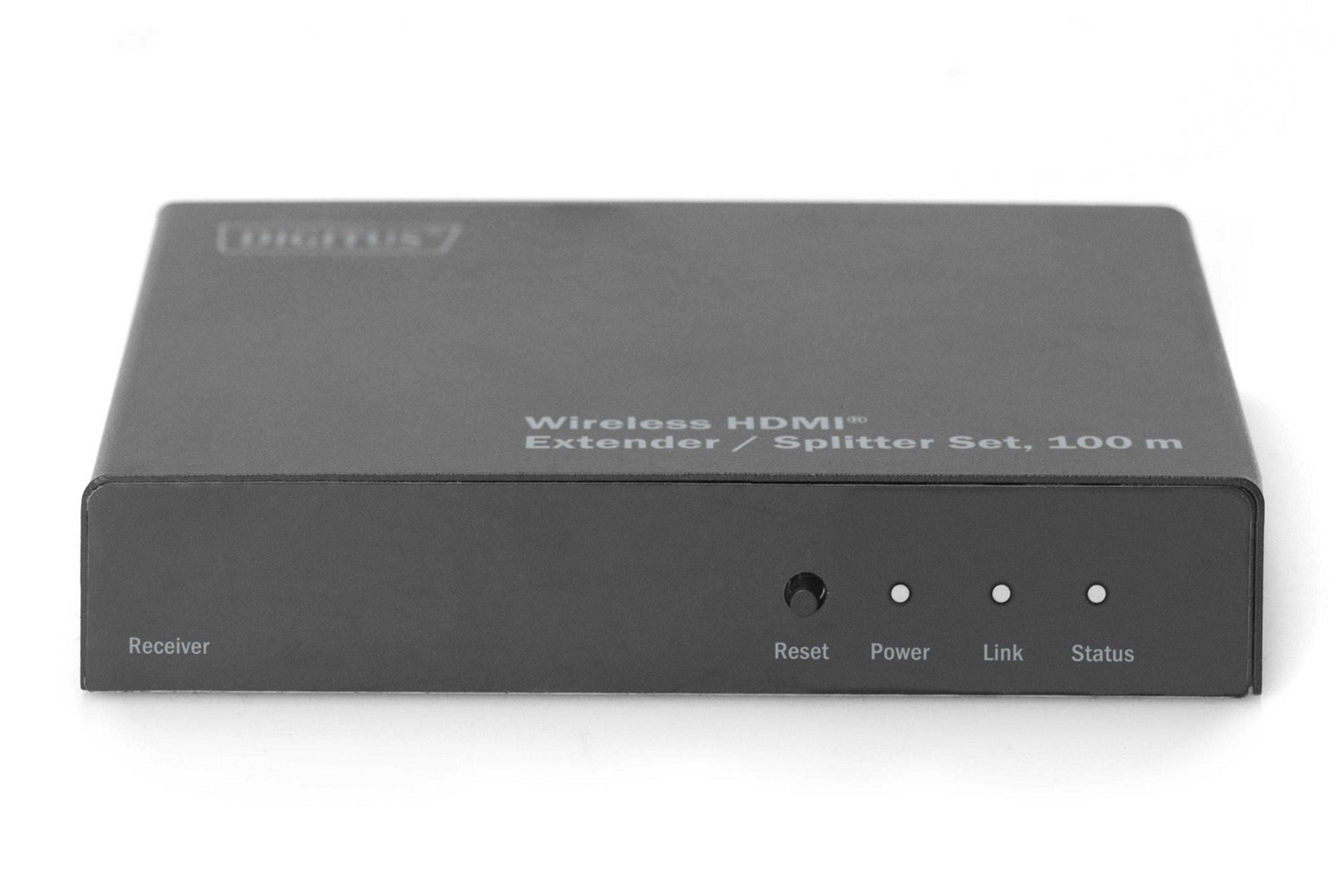Schwarzes rechteckiges Gerät mit der Aufschrift 'Wireless HDMI Extender/Splitter'. Hat Strom-, Link- und Status-Lichter.