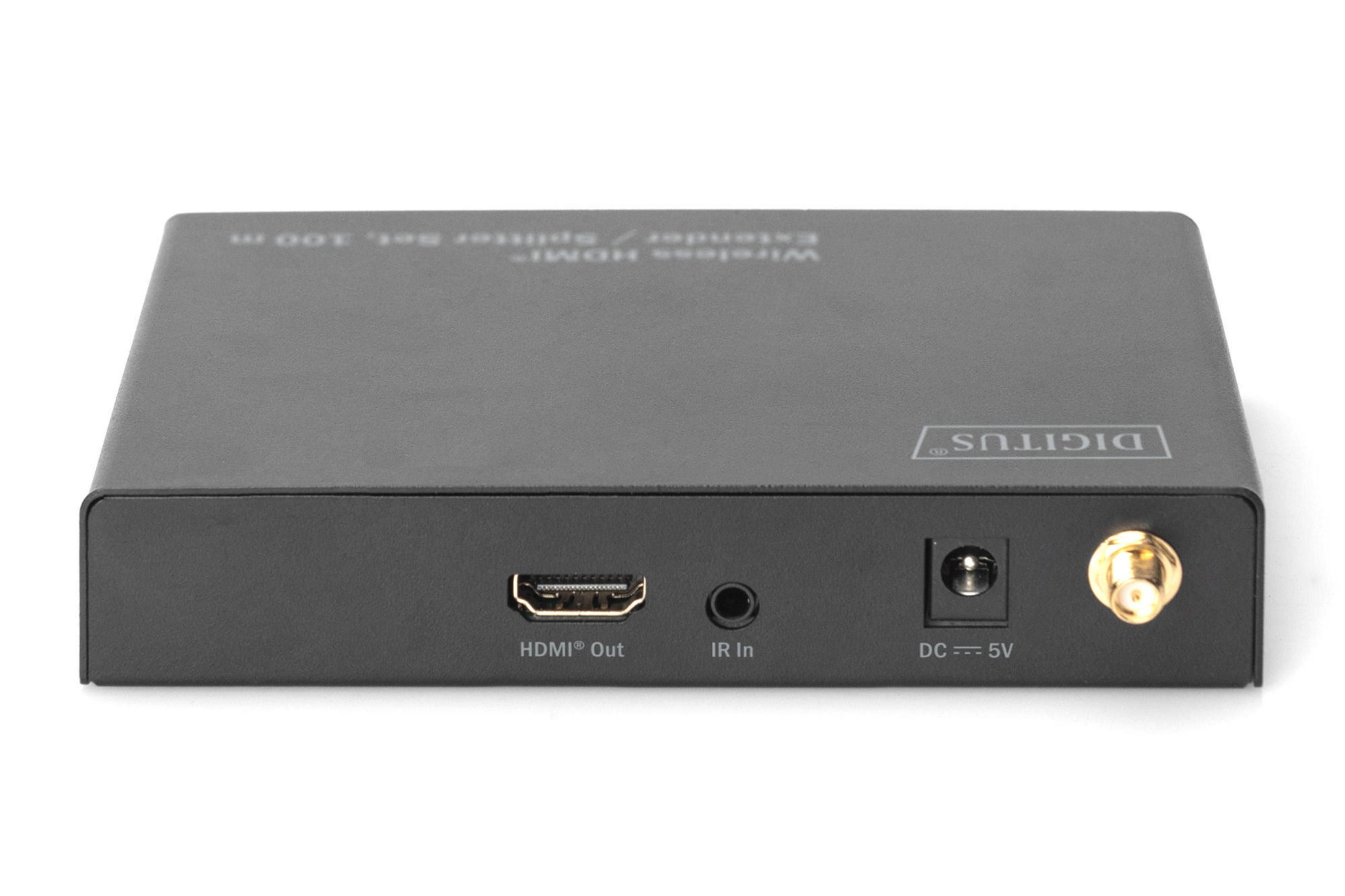 Schwarzer HDMI-Extender mit Anschlüssen und kleiner Antenne.