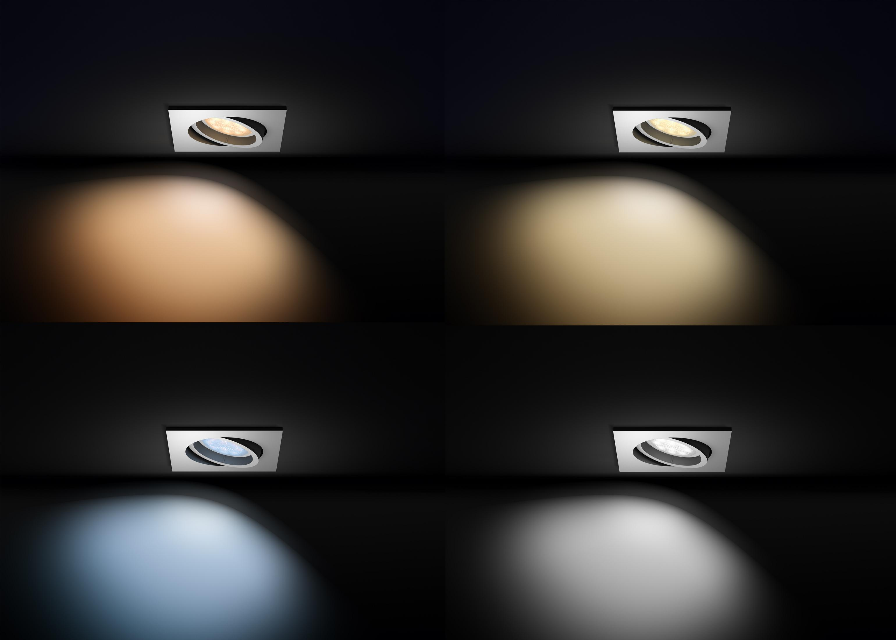 Quatre spots encastrés carrés. Chacun projette un cercle de lumière avec une température de couleur différente.