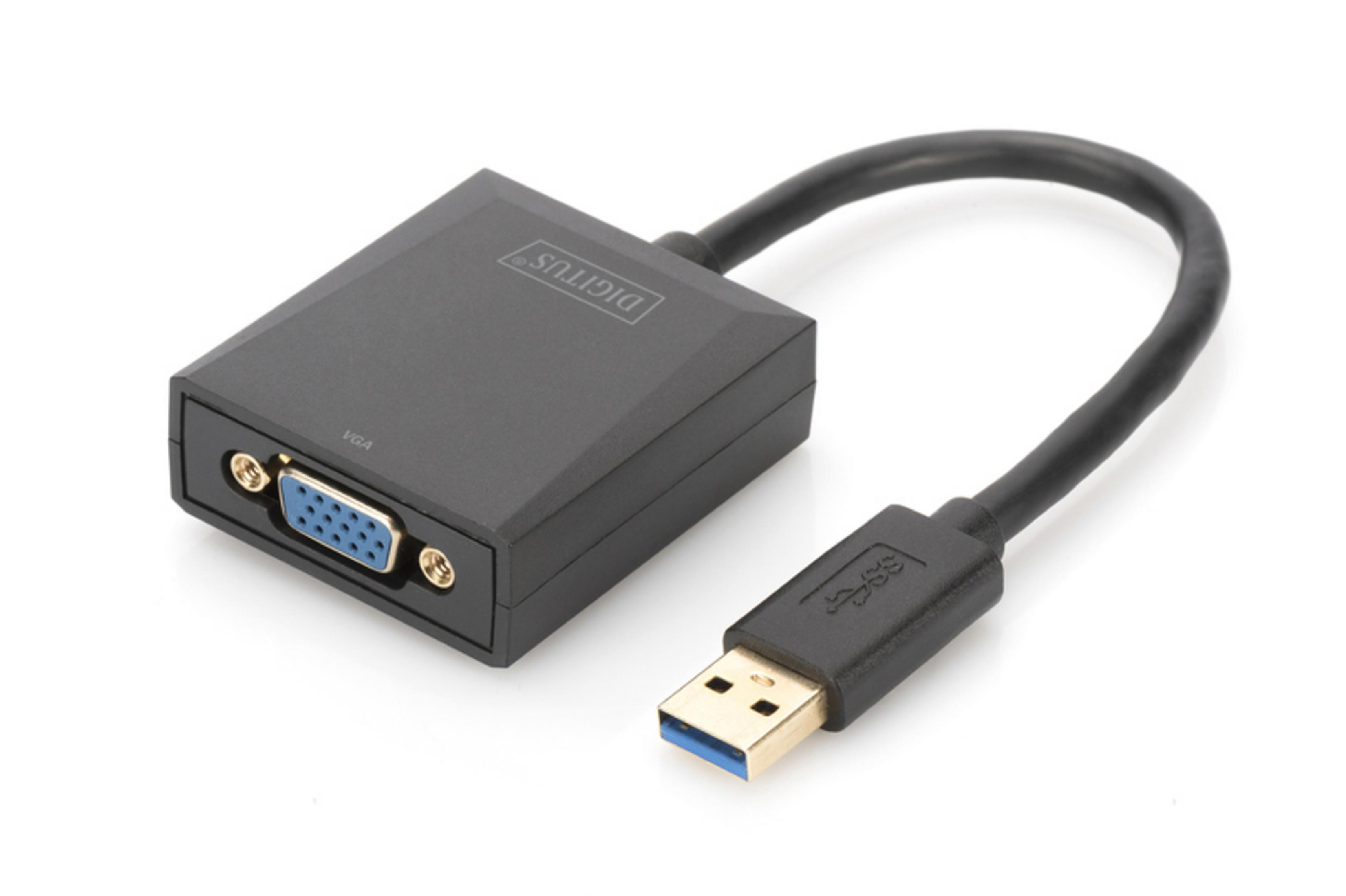 Ein schwarzer Digitus VGA-zu-USB-Adapter mit blauem Stecker. Auf weißem Hintergrund.