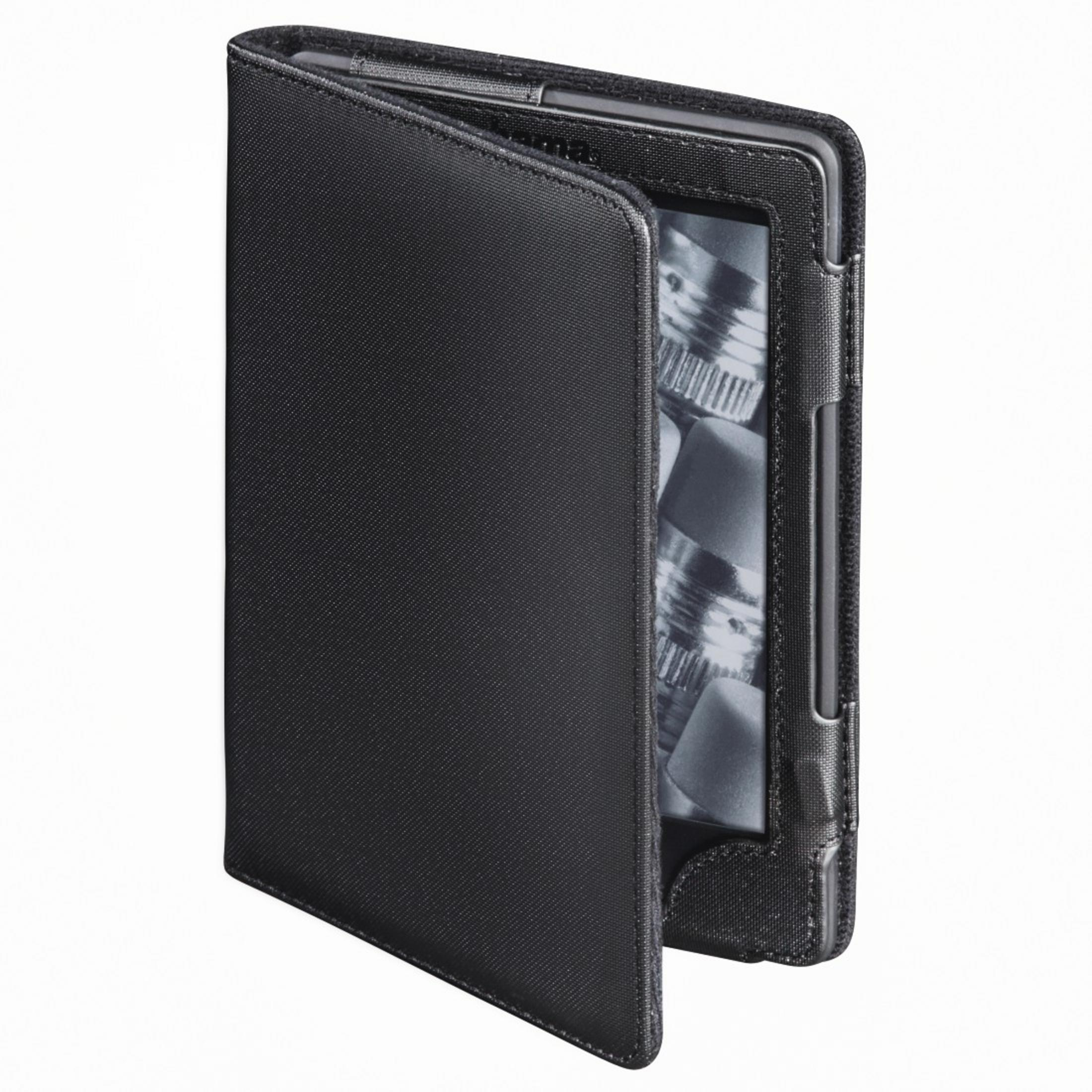 Czarne etui na czytnik e-booków, otwarte, pokazujące czytnik e-booków. Etui jest otwarte z czarnym materiałem.