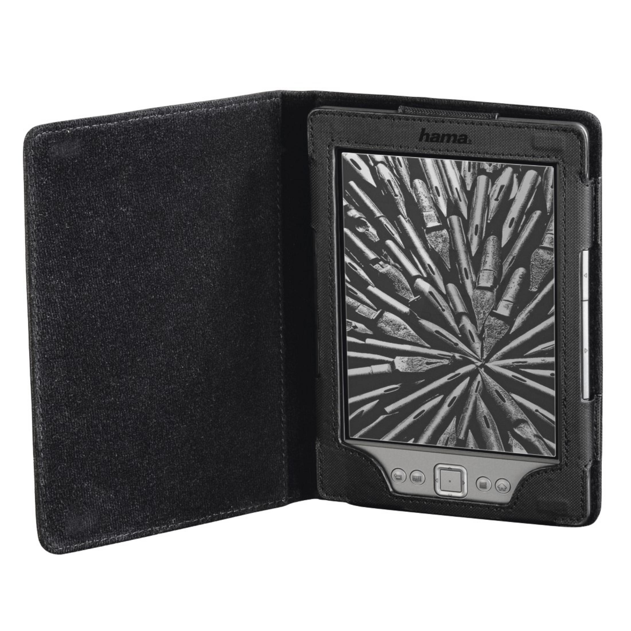 Czarny czytnik e-booków w czarnym etui. Ekran wyświetla obraz w skali szarości z wieloma liniami.