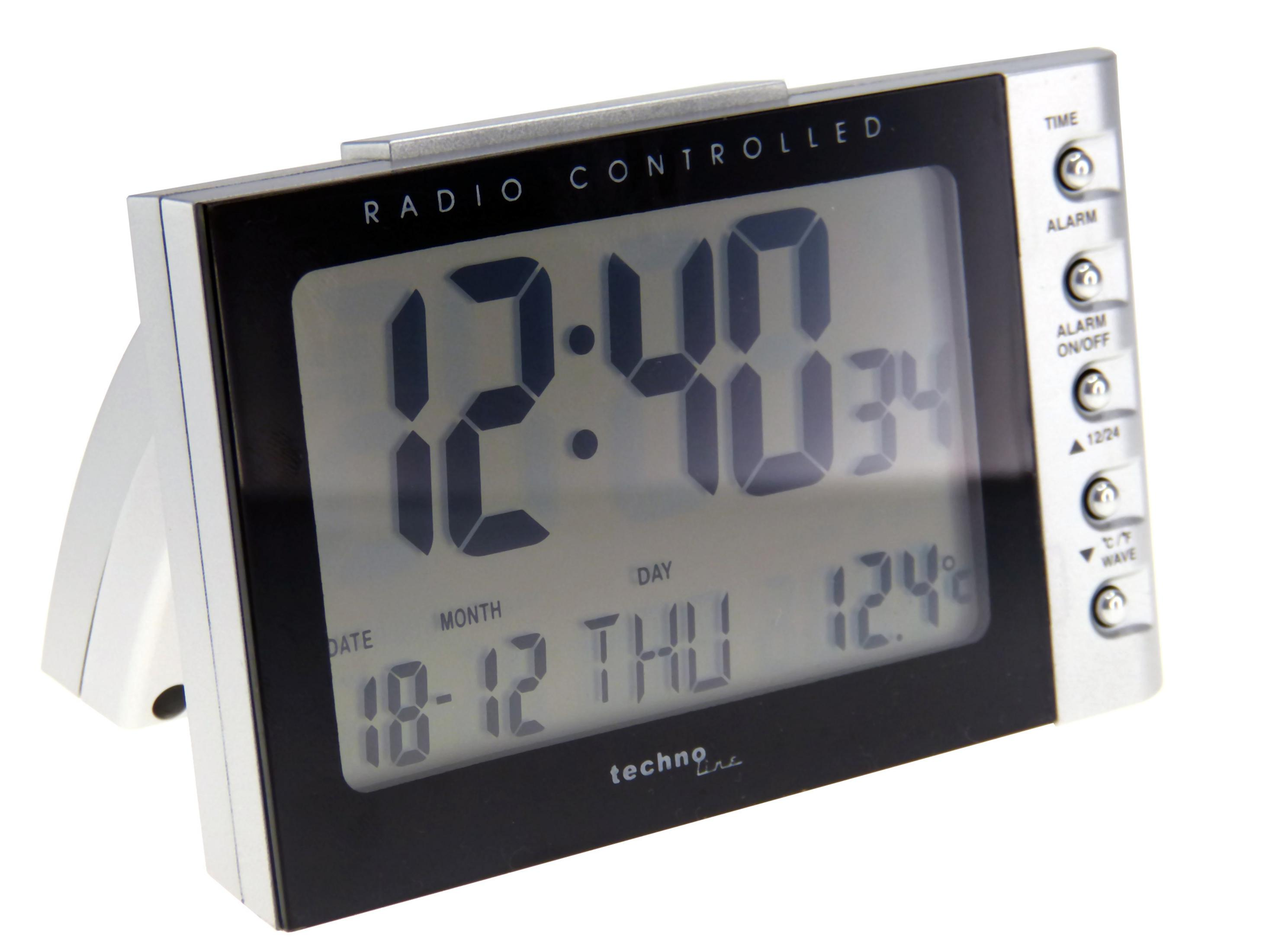 Digitaler funkgesteuerter Wecker mit schwarzem Rahmen, der Zeit, Datum und Temperatur anzeigt.