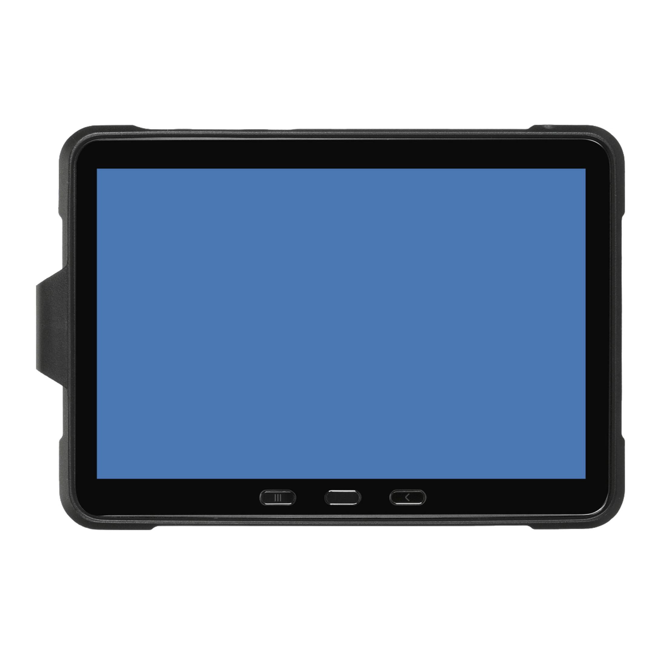 Un tablet con custodia nera, lo schermo è blu e ha tre pulsanti in basso.