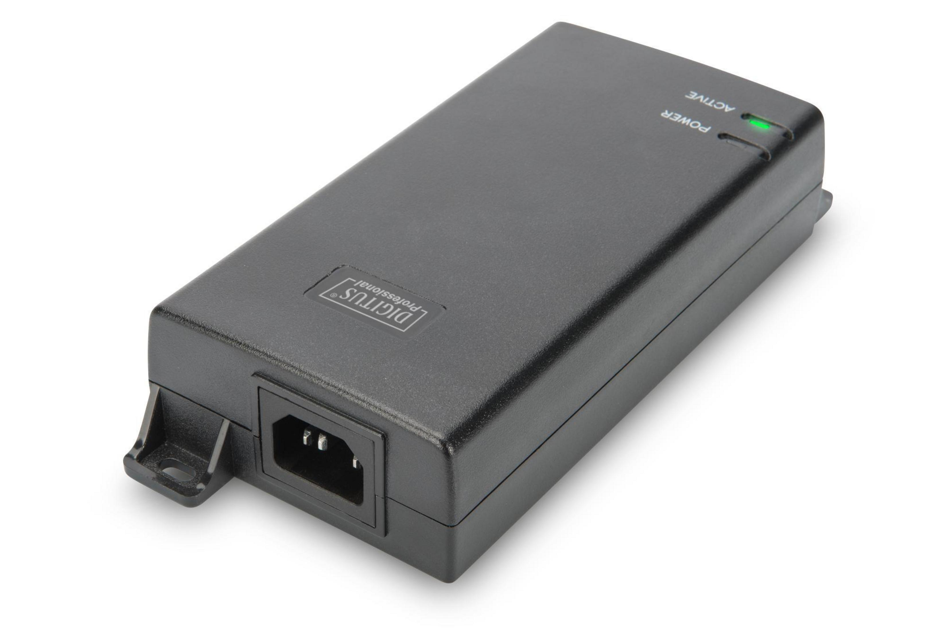 Schwarzer Digitus Professional Netzadapter. Er hat einen Wechselstromeingang und ein grünes Licht.