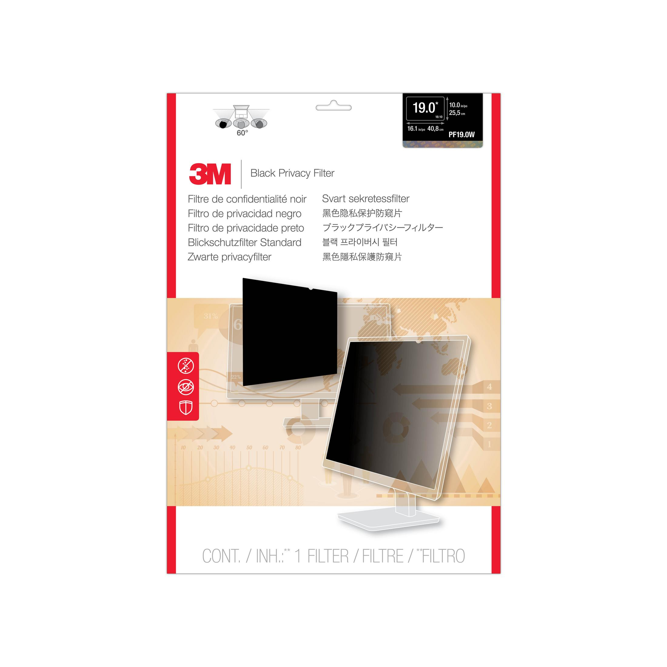 Confezione per un filtro privacy nero 3M. Mostra un monitor con filtro applicato. Testo sulla confezione.