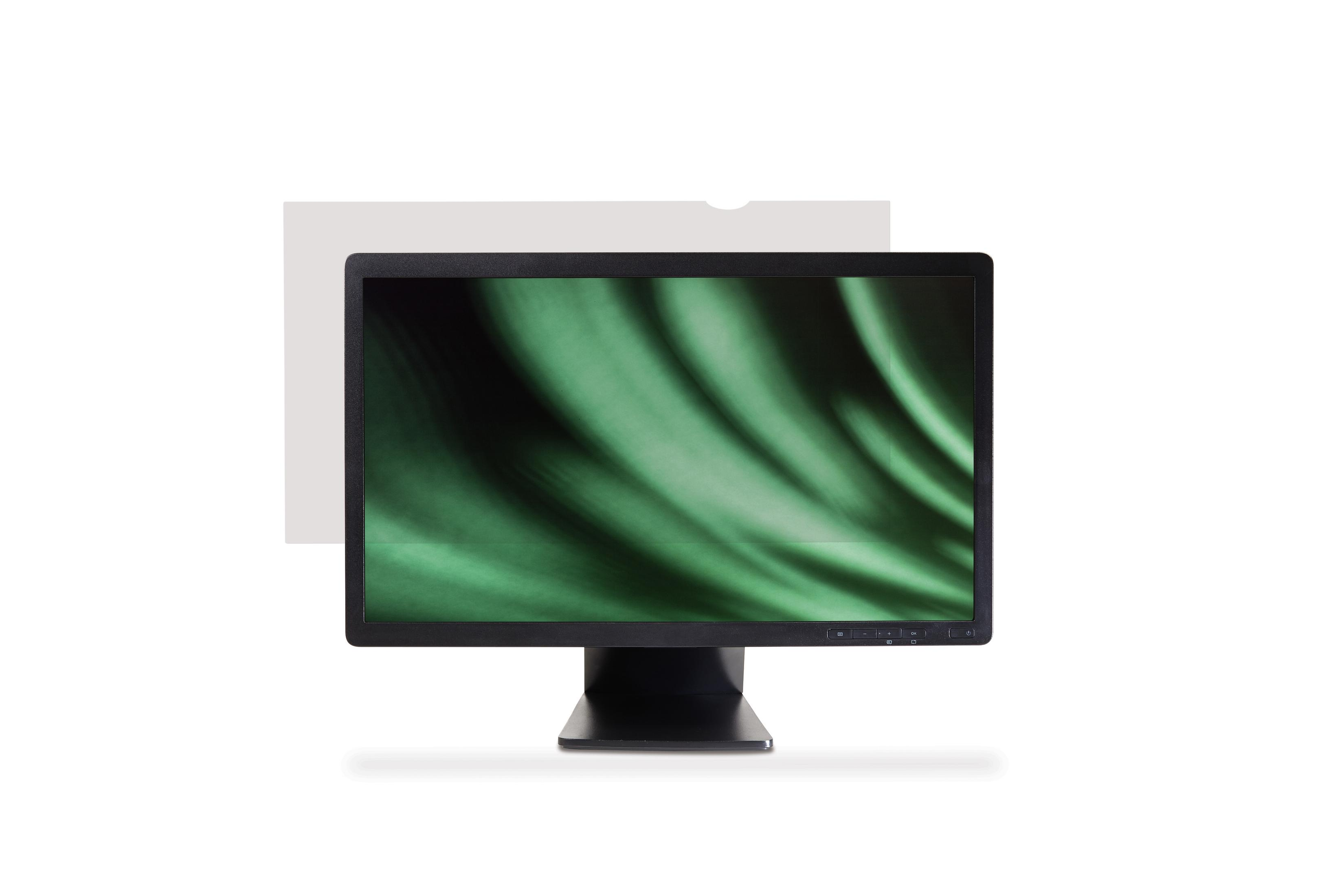 Monitor del computer con sfondo verde a spirale. Uno schermo privacy è parzialmente davanti al monitor.
