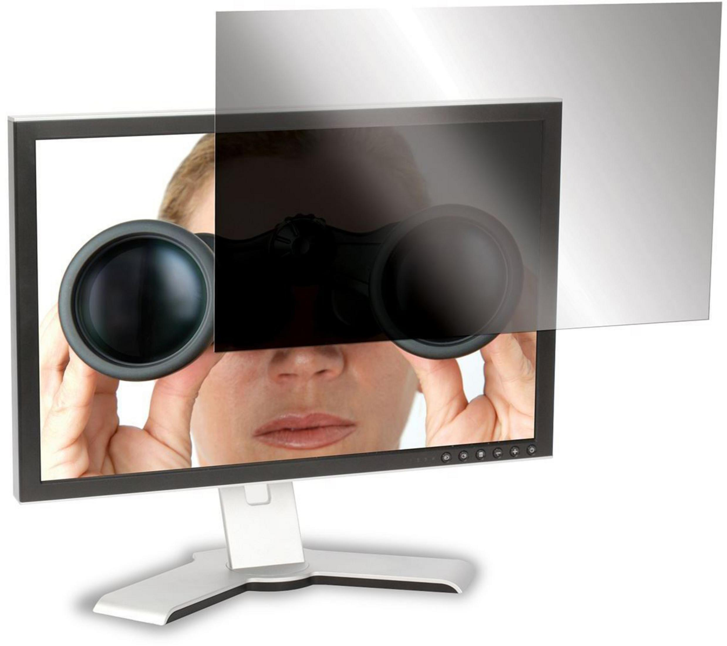 Moniteur avec filtre, personne regarde avec des jumelles.