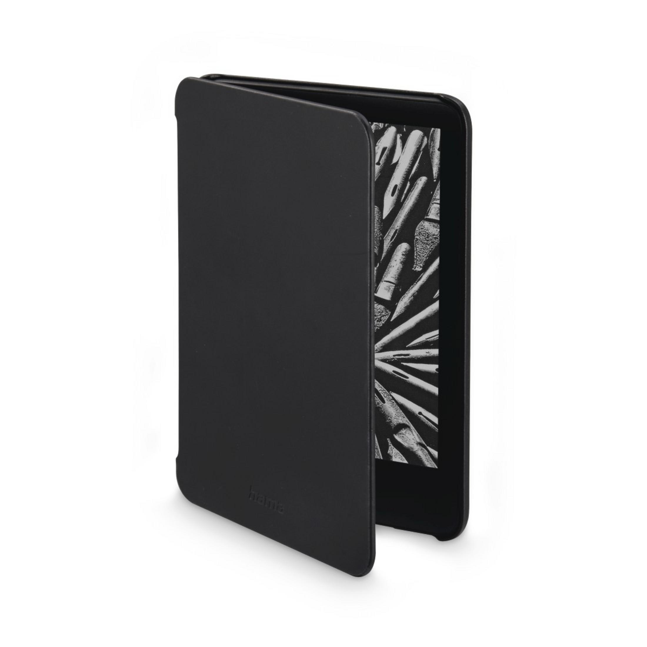 E-reader nero in una custodia nera. Lo schermo mostra un'illustrazione di libro.