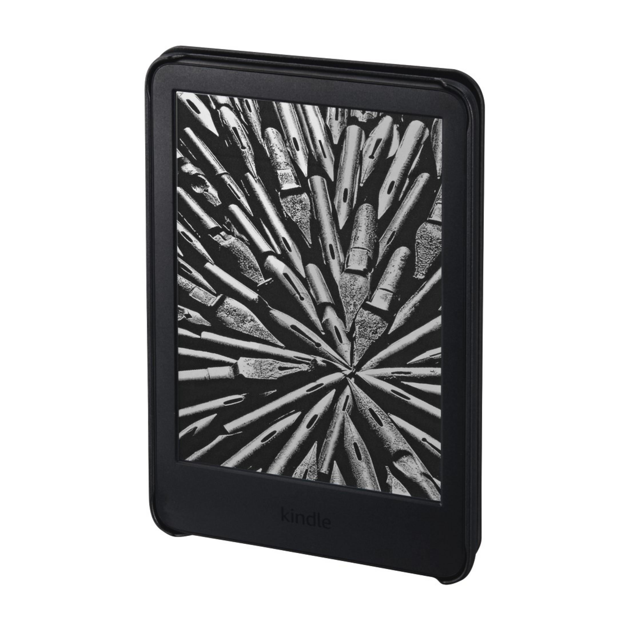 Un e-reader Kindle nero che mostra un'immagine in scala di grigi di molte punte di penna.