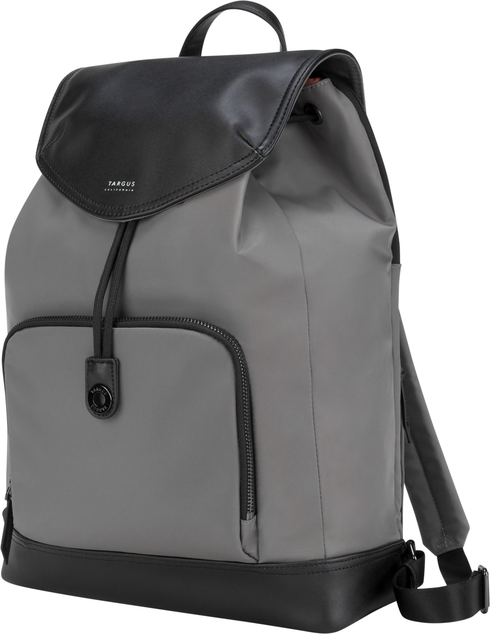 Grauer und schwarzer Targus-Rucksack mit Vordertasche, Kordelzug und schwarzen Lederakzenten.