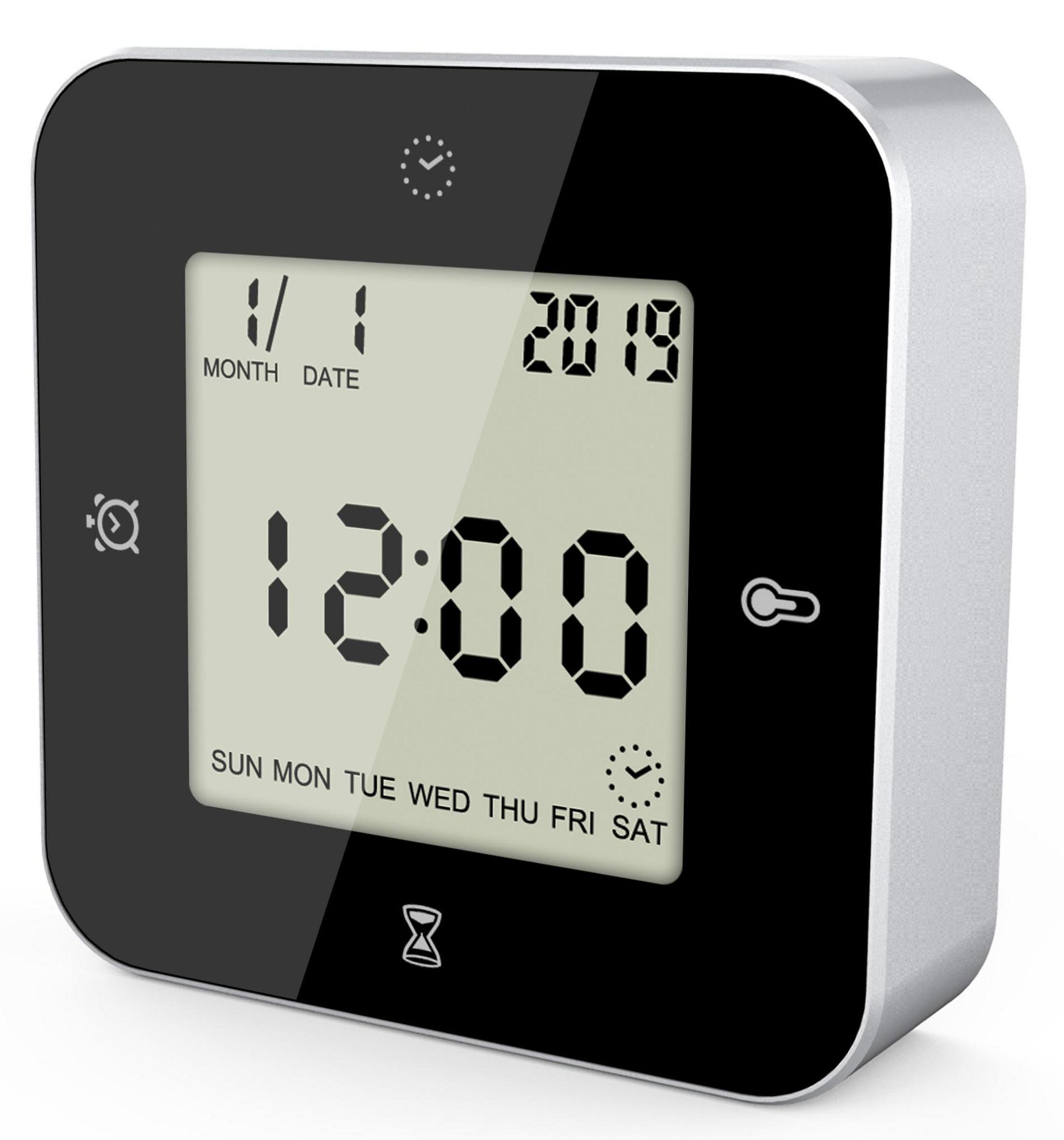 Schwarze und silberne Digitaluhr. Zeigt Zeit, Datum und Tag an. Weißer Hintergrund.
