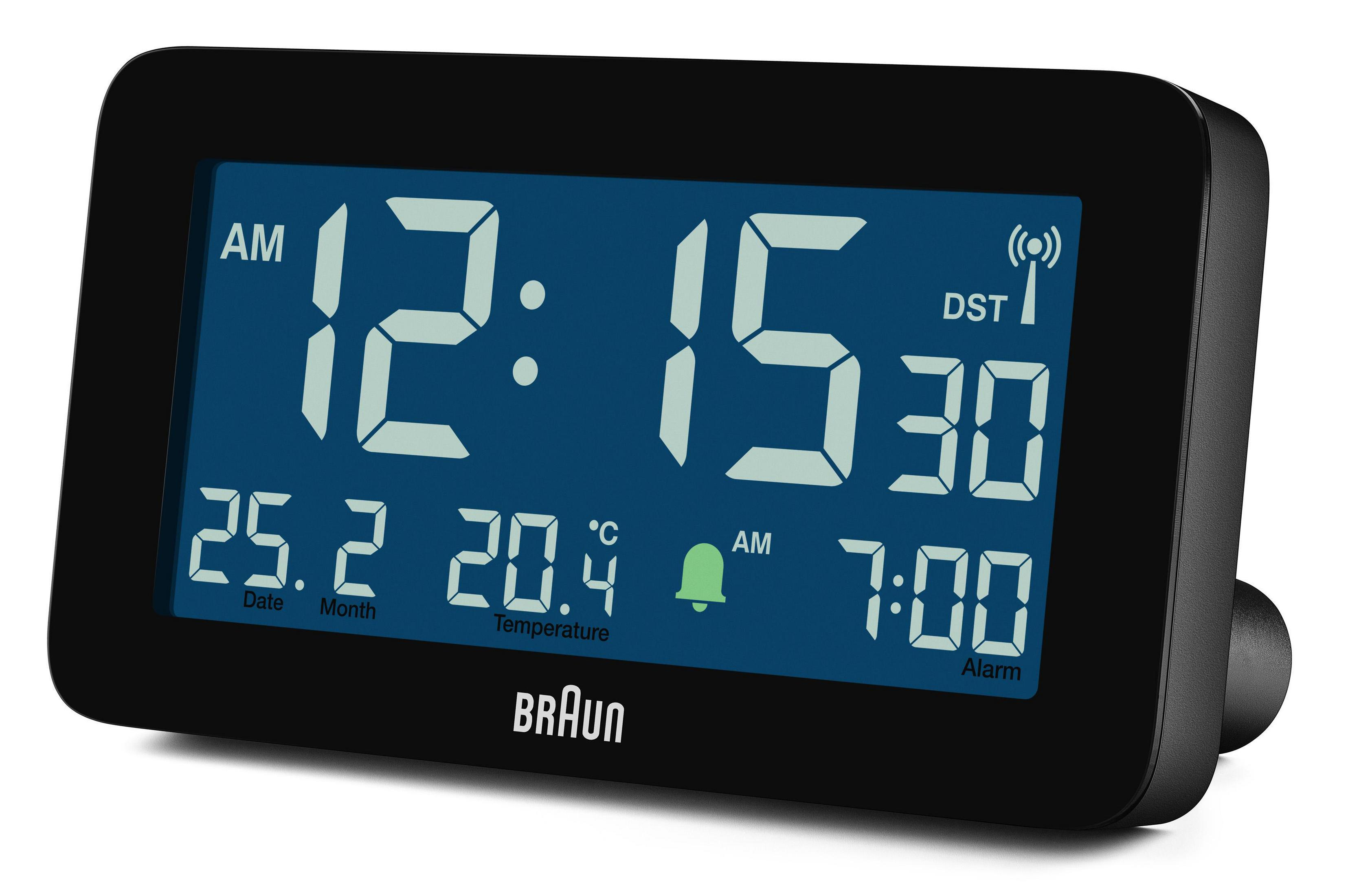 Ein schwarzer digitaler Braun Wecker mit angezeigter Uhrzeit.