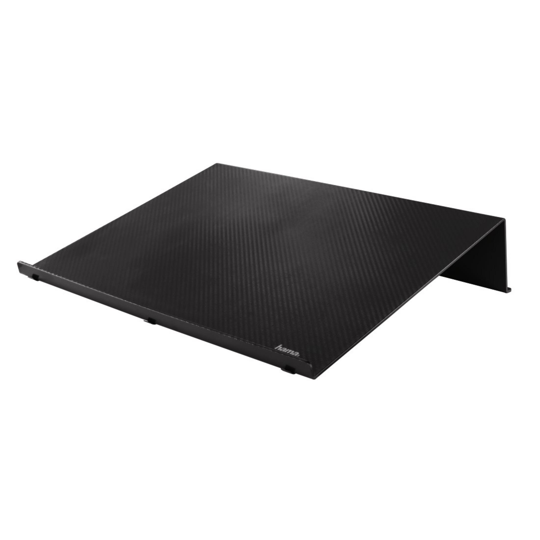 Supporto nero per laptop con superficie strutturata. Inclinato per la visualizzazione.