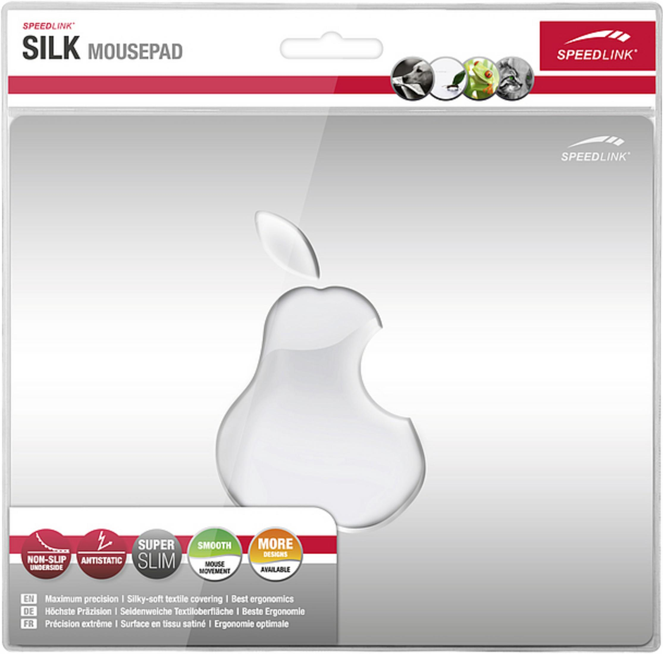 Mauspad mit weißem Apfel-Logo. Die Verpackung enthält die Worte: SPEEDLINK und SILK.