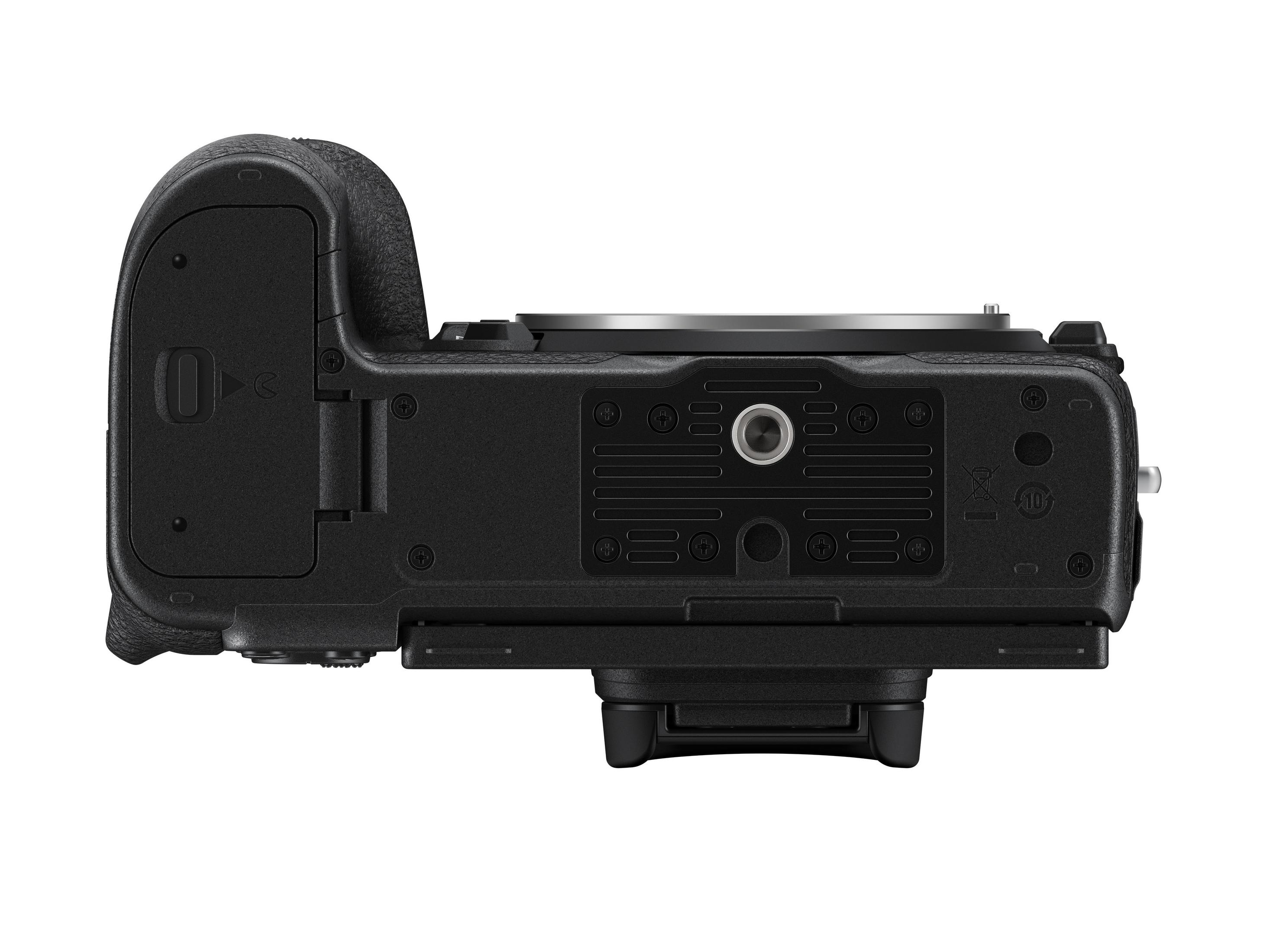 Zwarte camera van bovenaf, met de bovenkant met knoppen en de lensbevestiging.