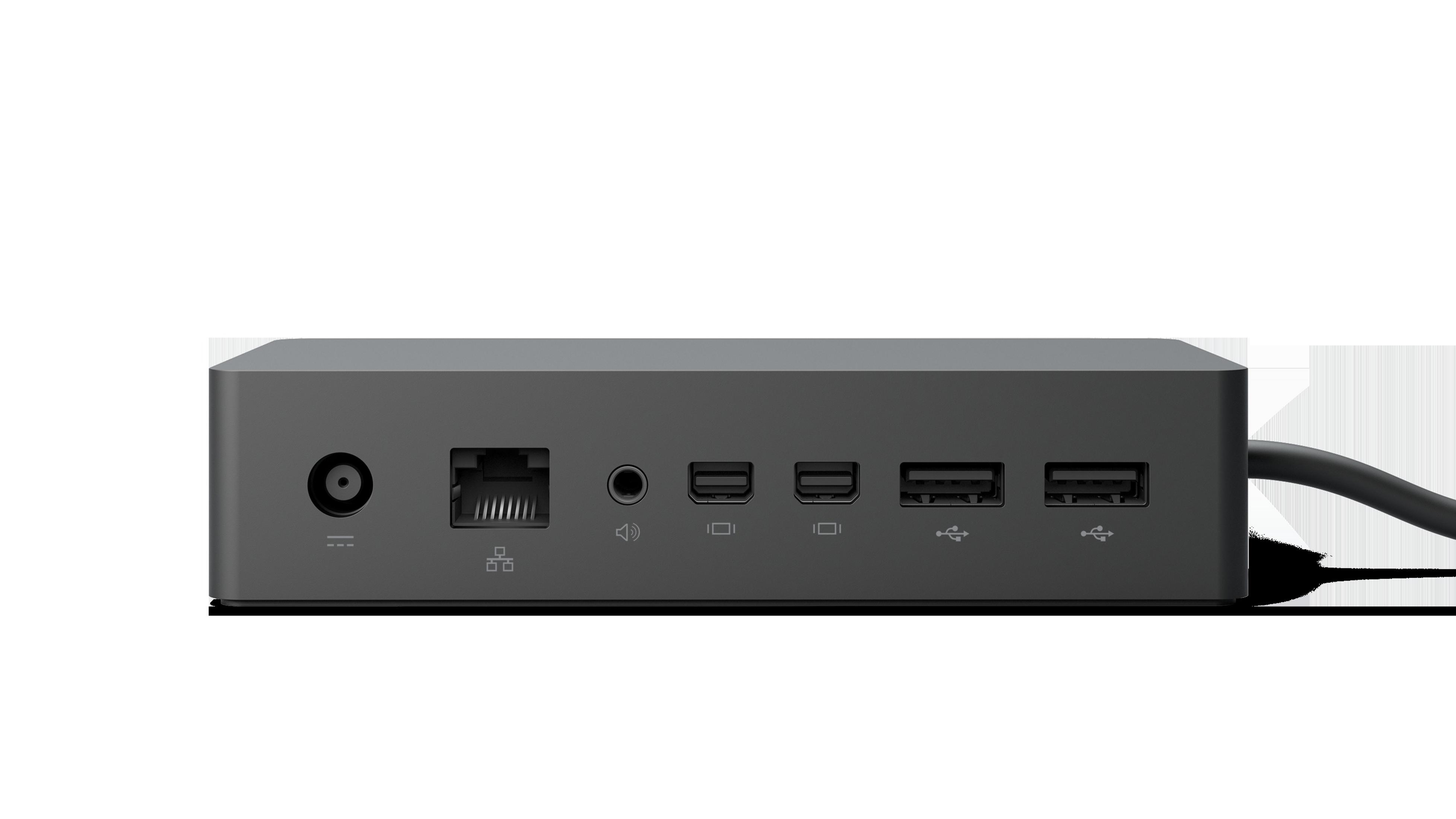 Rückseite einer schwarzen Microsoft Surface Dockingstation mit verschiedenen Anschlüssen.