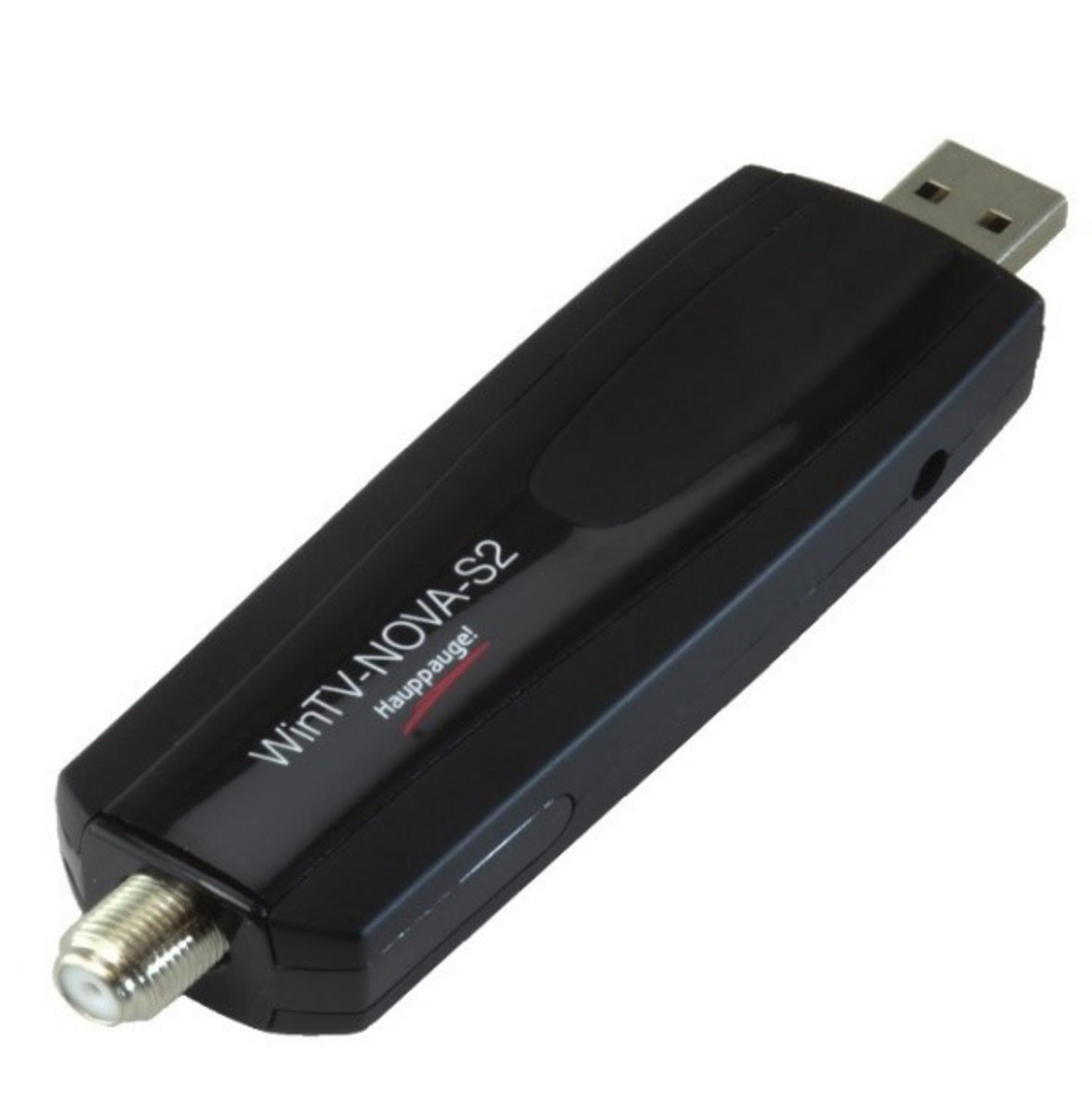 Schwarzes WinTV-NOVA-S2-Gerät mit USB-Anschluss, Antennenanschluss und weißem Text auf der Seite.