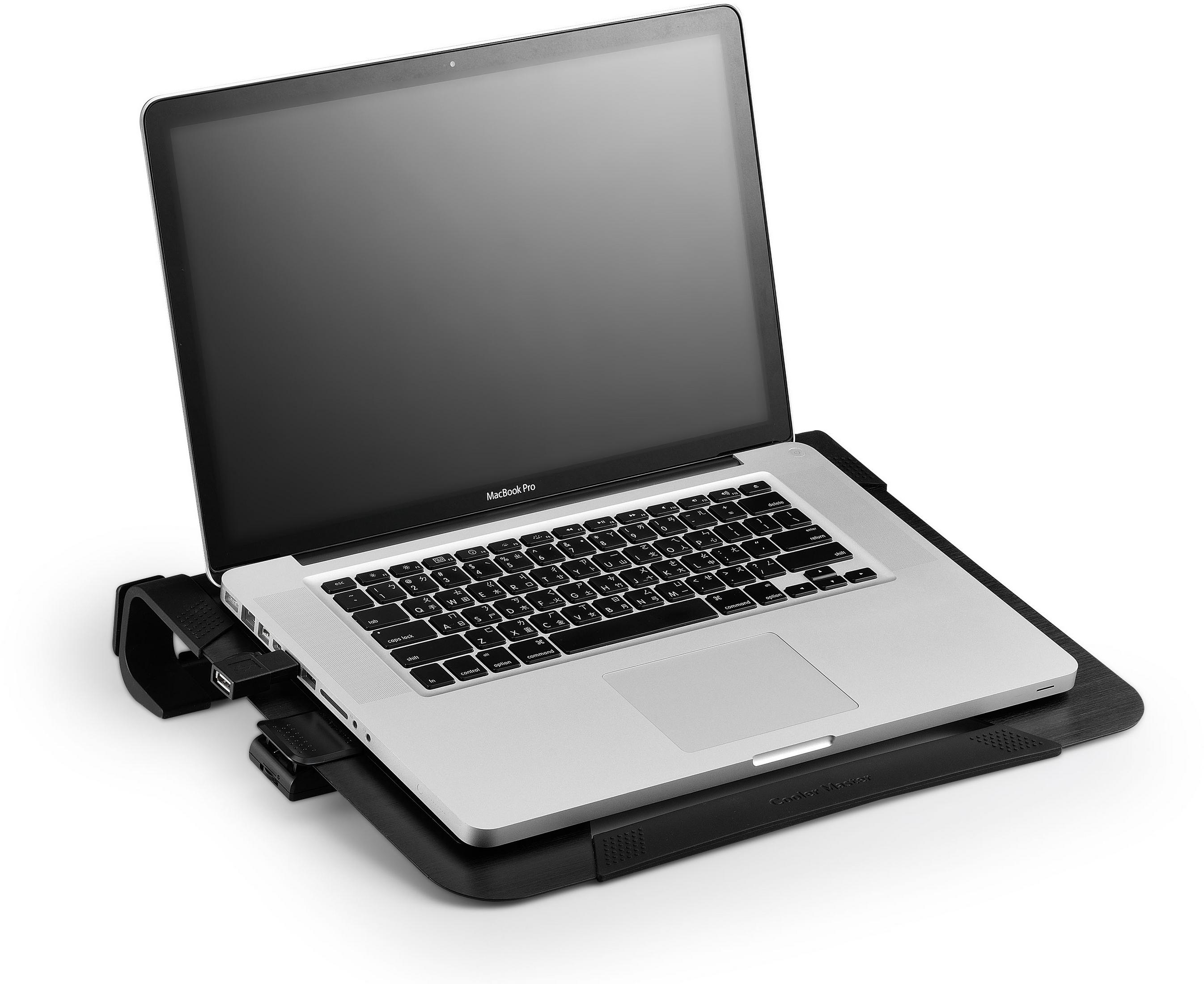 Laptop auf schwarzem Kühler. Der Laptop ist silber, der Kühler ist schwarz. Der Laptop ist geöffnet.