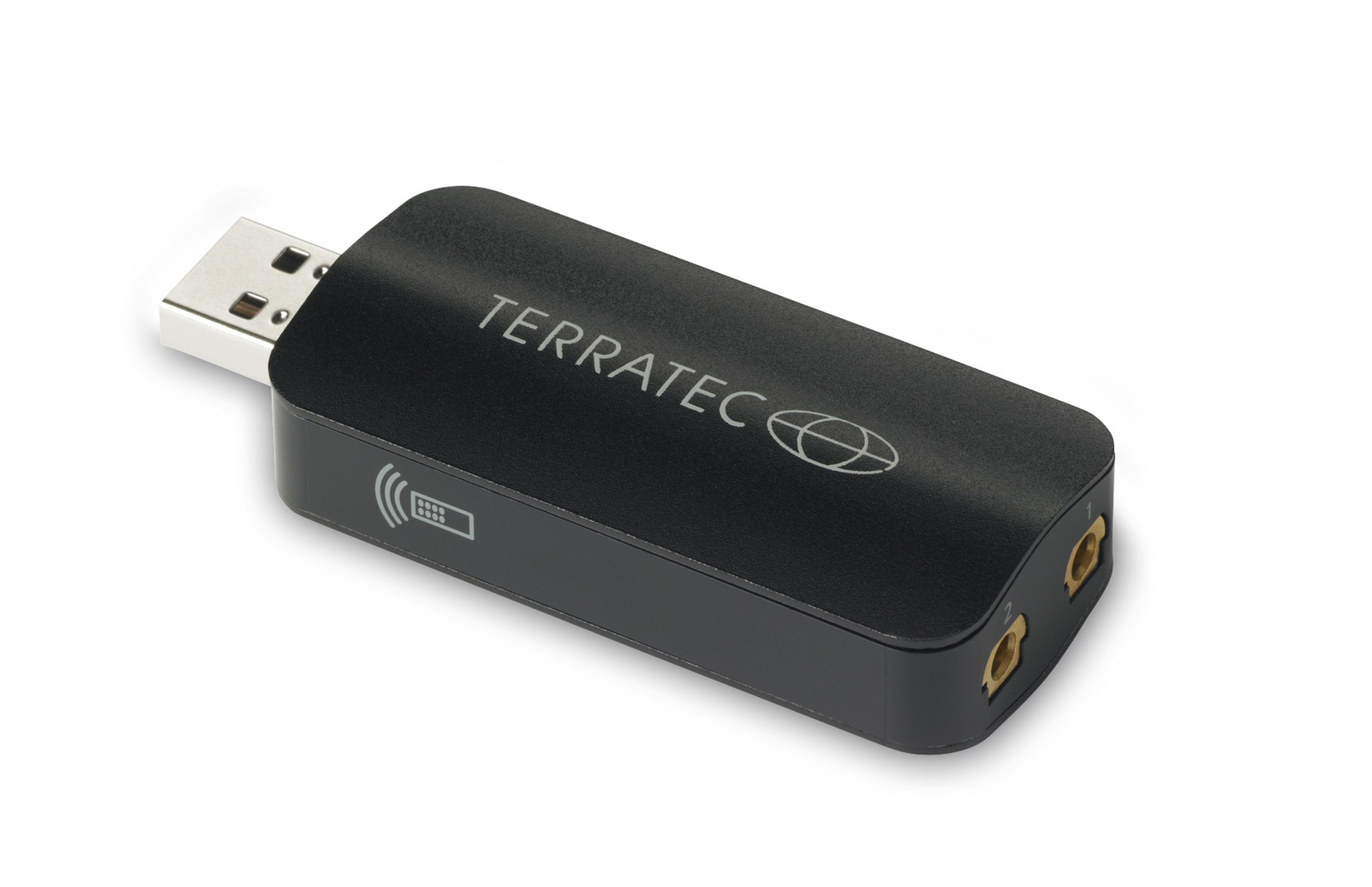 Ein schwarzes Terratec USB-Gerät mit USB-Anschluss und zwei Audioausgängen.