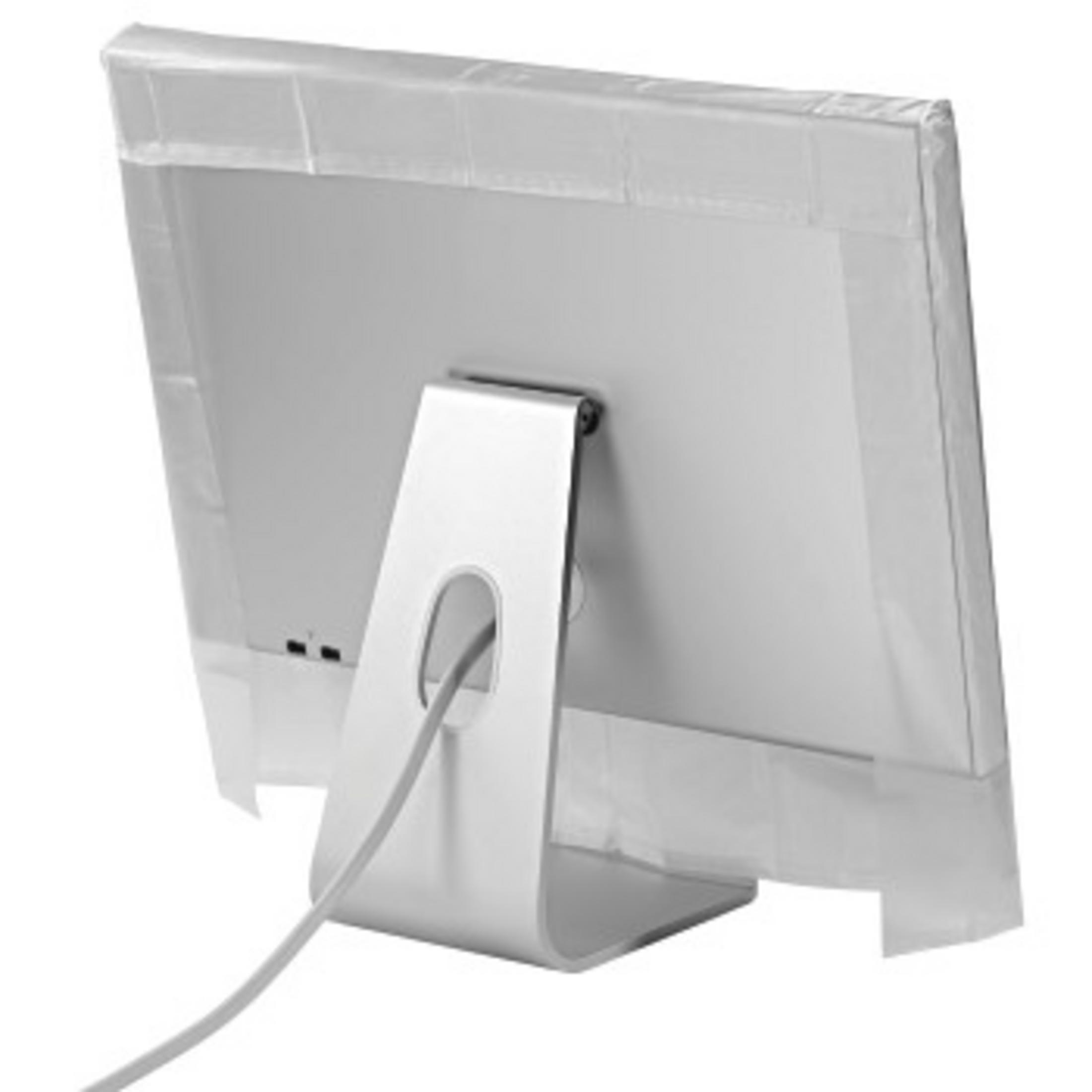 Rückseite eines Computermonitors, bedeckt mit weißer Plastikfolie, auf einem weißen Ständer.