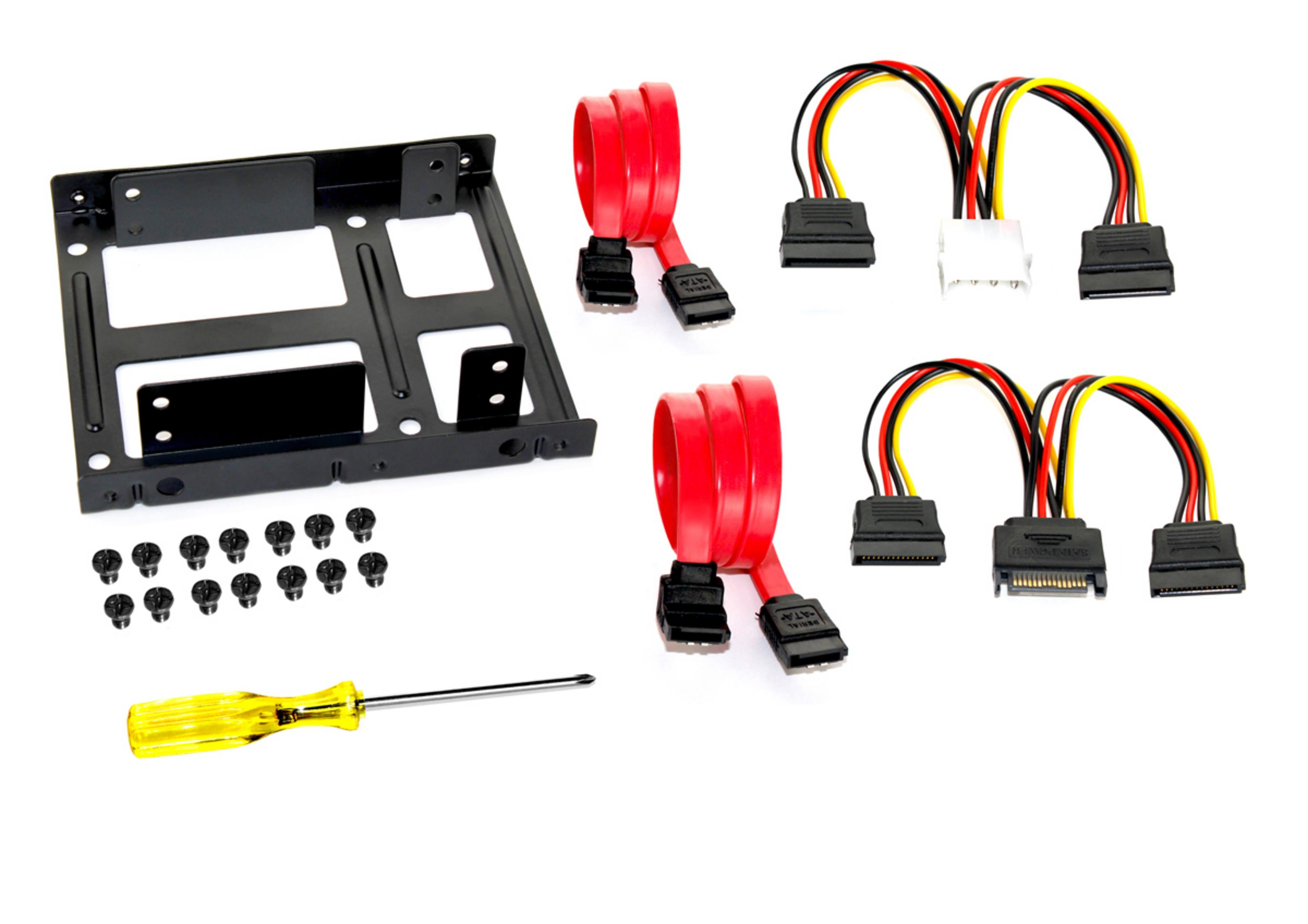 Computerkomponenten, darunter eine Metallhalterung, SATA-Kabel, Schrauben und ein Schraubendreher auf Weiß.
