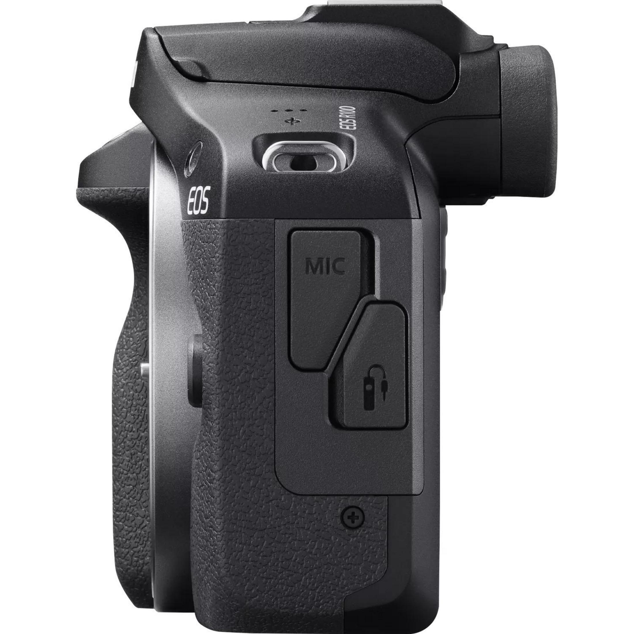 Black Canon EOS camera. Side view showing buttons and microphone port.