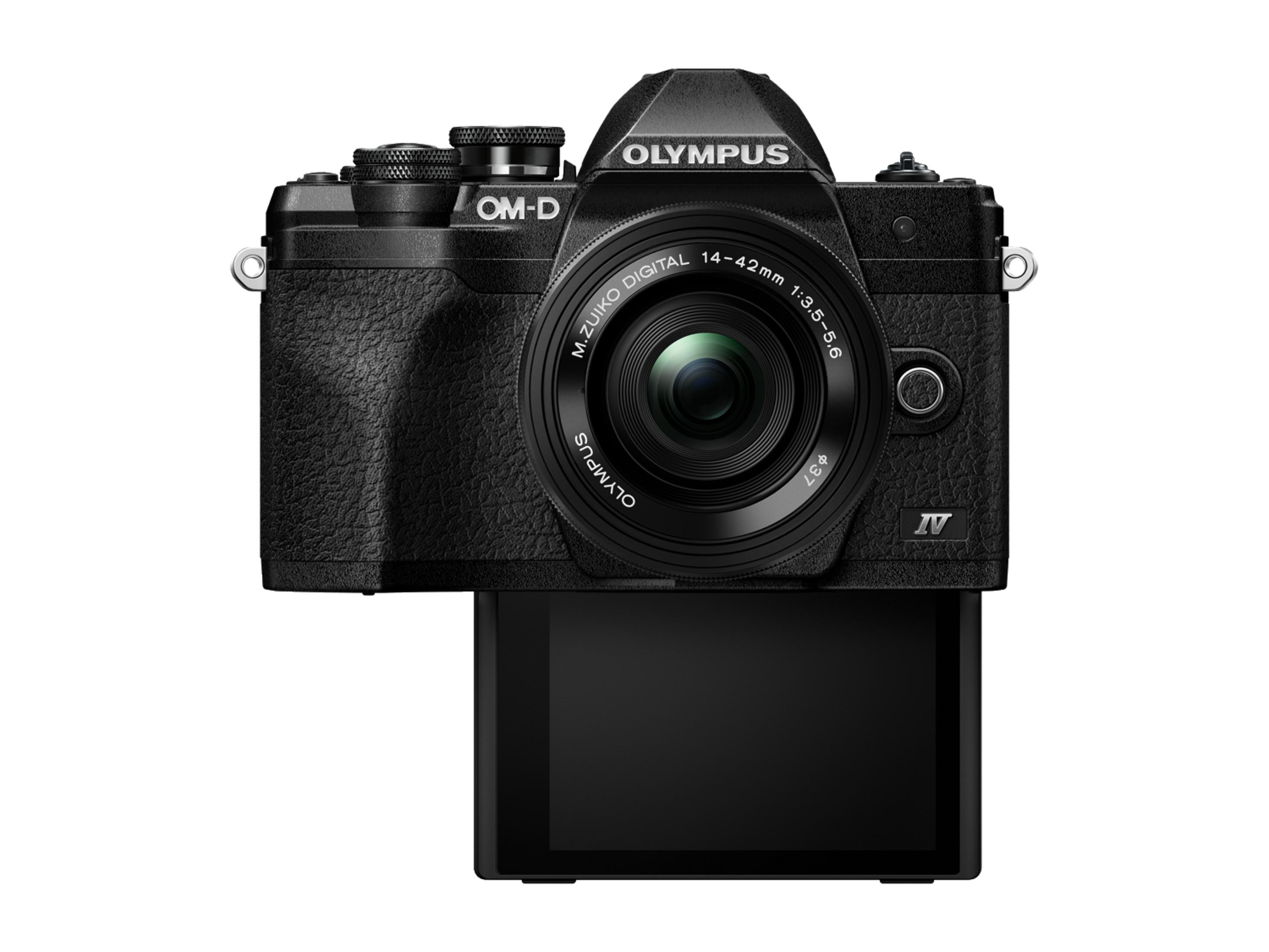 Schwarze Olympus-Kamera mit Objektiv und Bildschirm, der ein Bild anzeigt.
