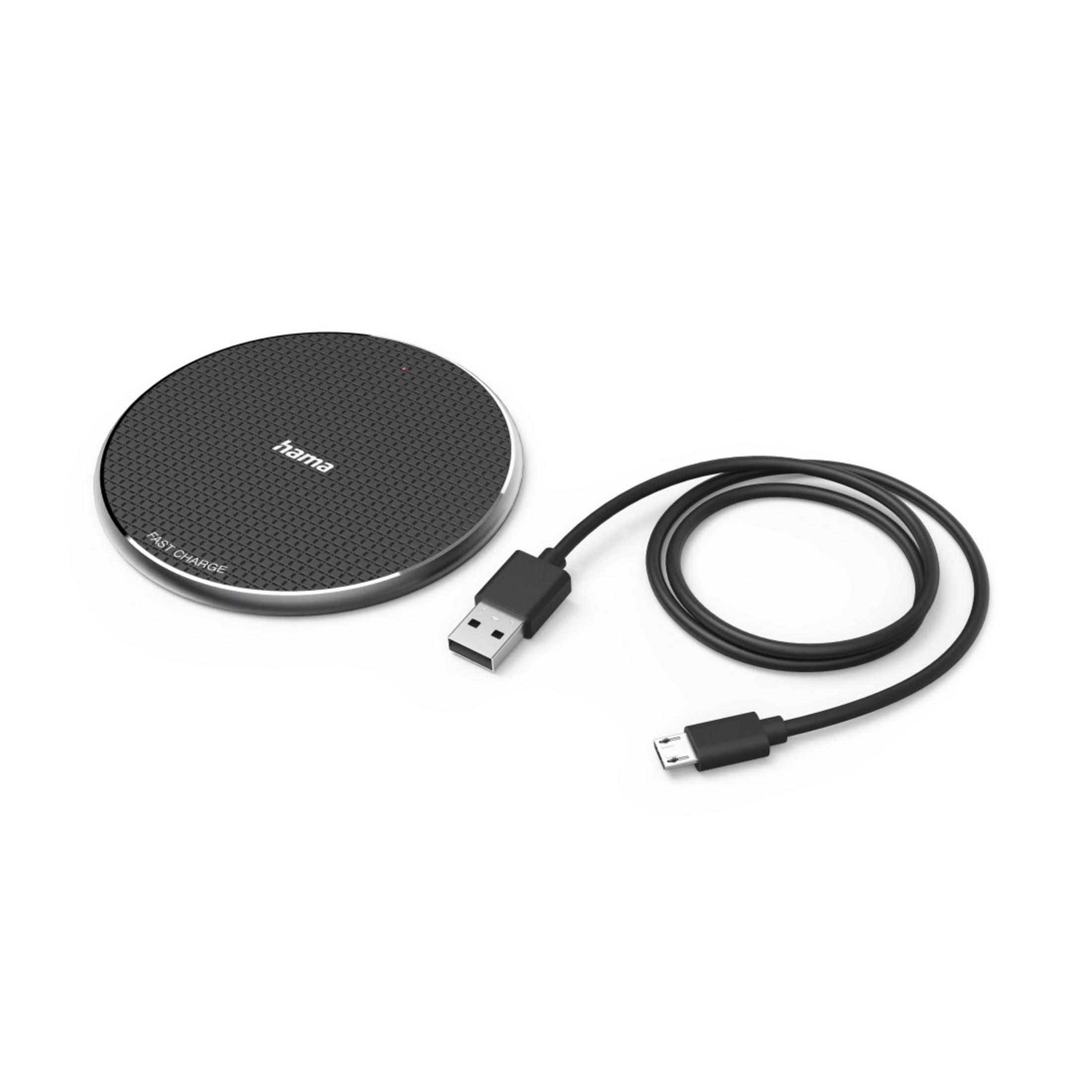 Ein schwarzes und silbernes kabelloses Ladepad mit einem angeschlossenen schwarzen USB-Kabel. Das Pad ist rund.
