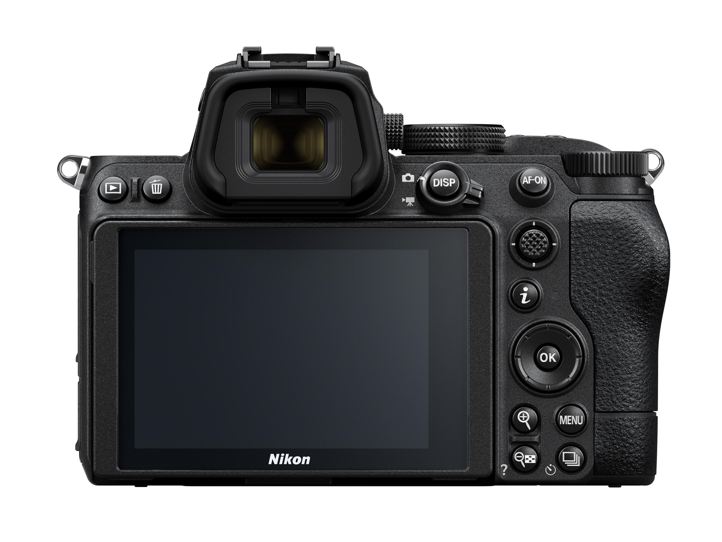 Rückseite einer schwarzen Nikon-Kamera mit Knöpfen und Bildschirm. Schwarzer Hintergrund.