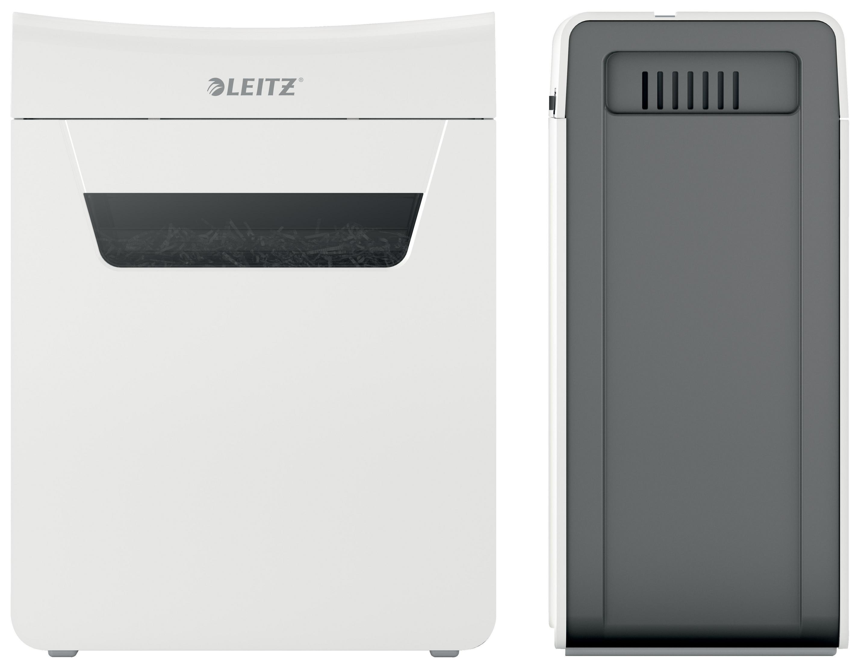 Dwa widoki niszczarki do papieru Leitz. Jeden pokazuje przód, drugi bok.