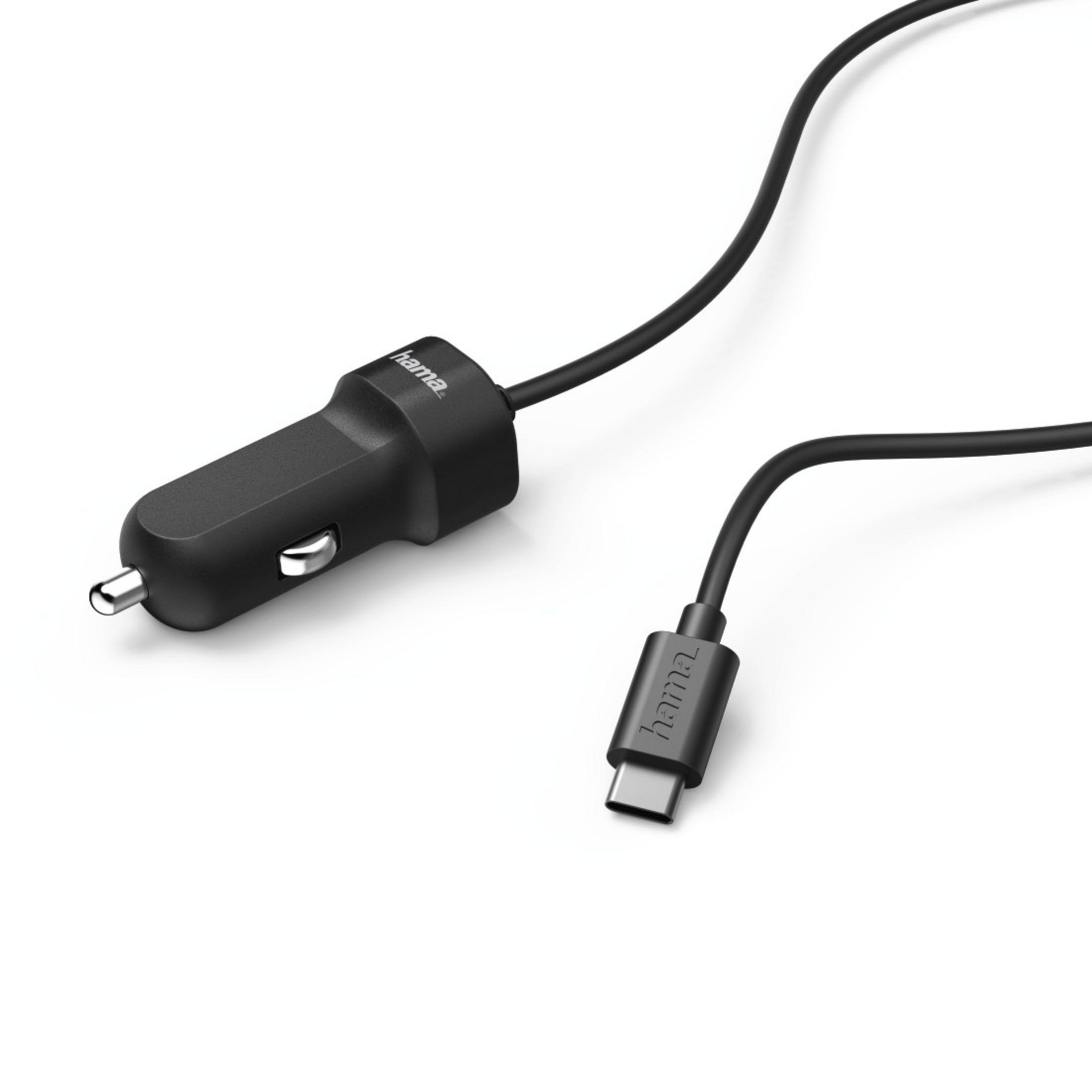 Schwarzes Hama-Autoladegerät mit USB-C-Kabel auf weißem Hintergrund.