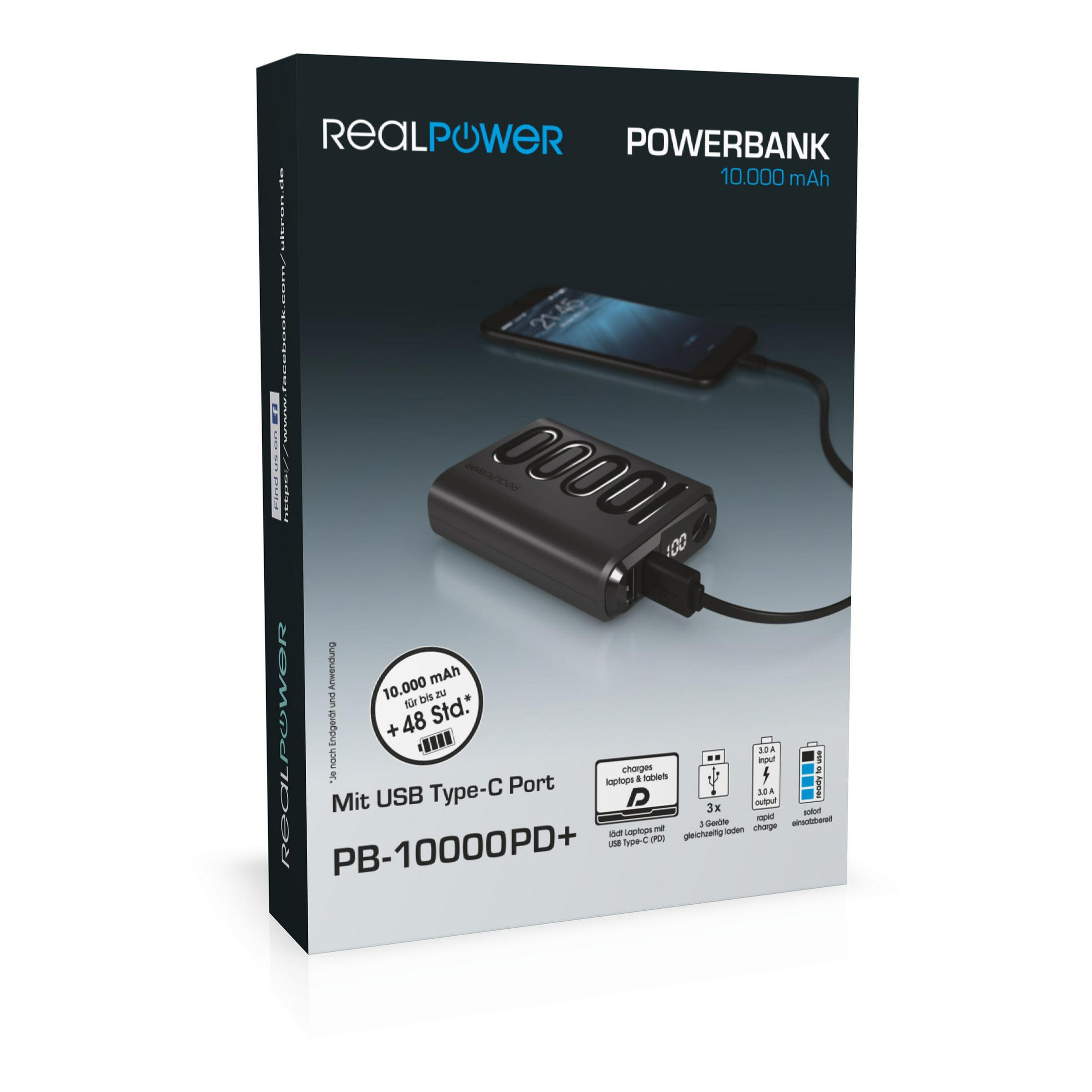 Schwarz BLACK PB-10000PD+ mAh 323368 REALPOWER 10000 Powerbank