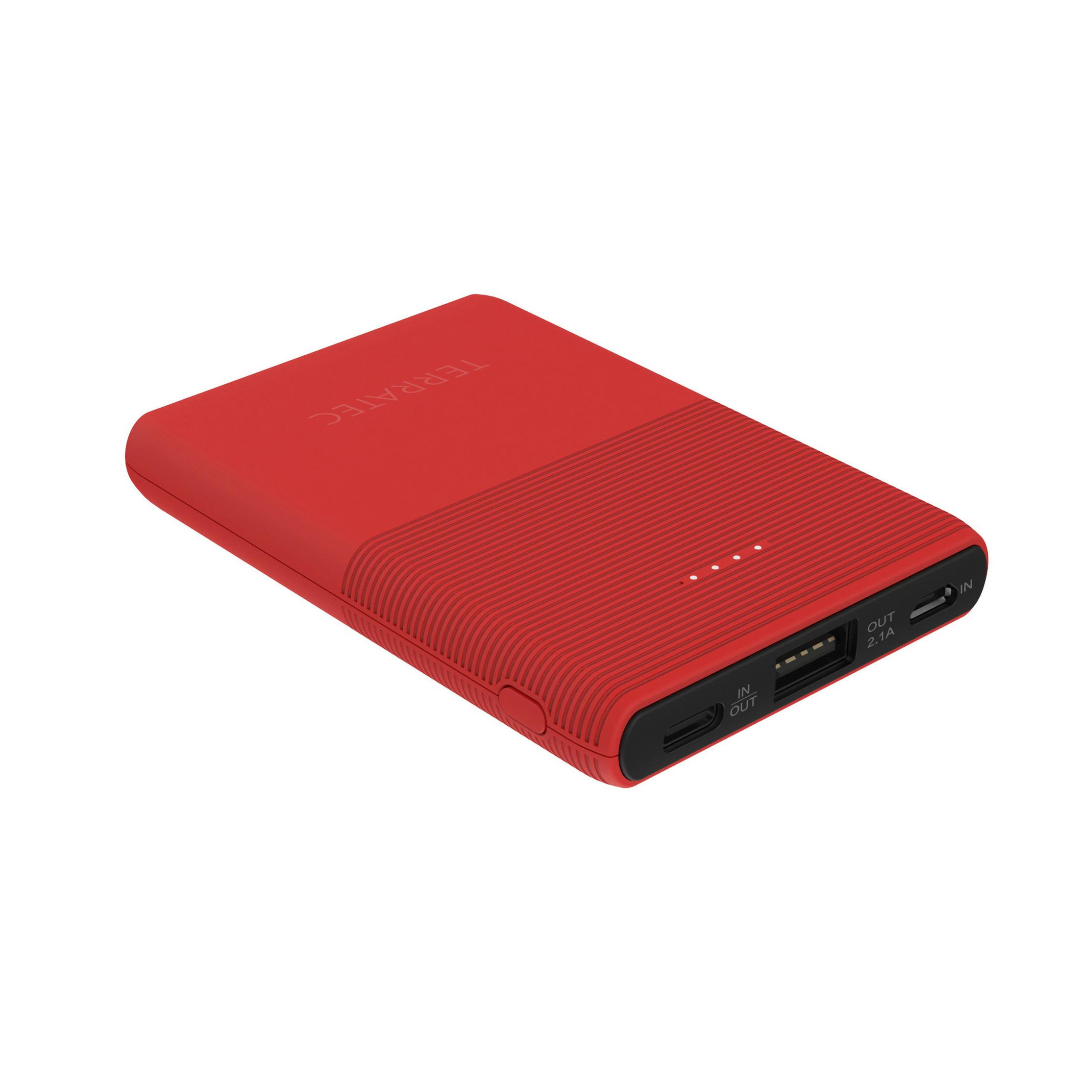 Power bank Terratec rossa. Forma rettangolare con trama a coste e porte.