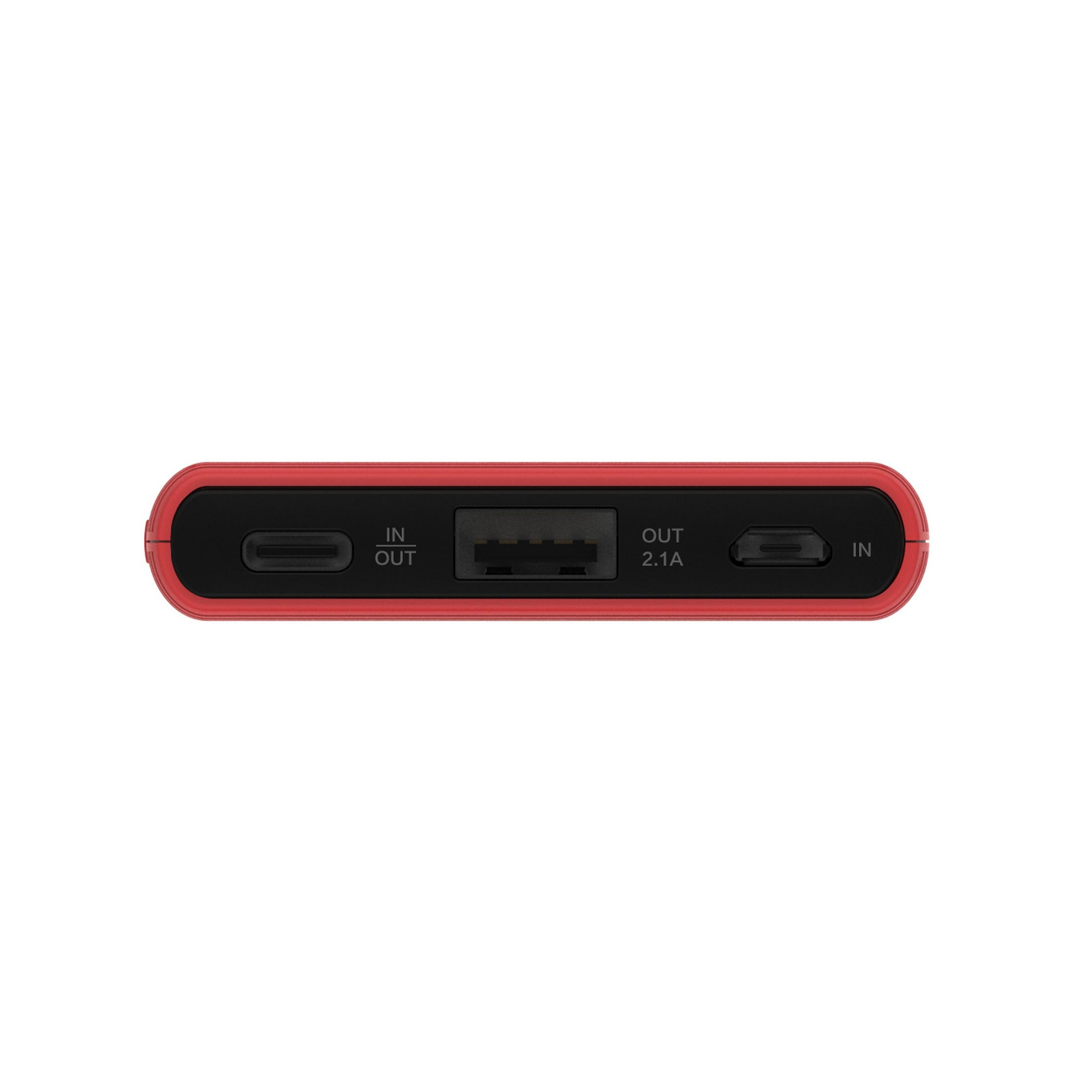 Power bank rosso e nero. Mostra porte di ingresso e uscita.