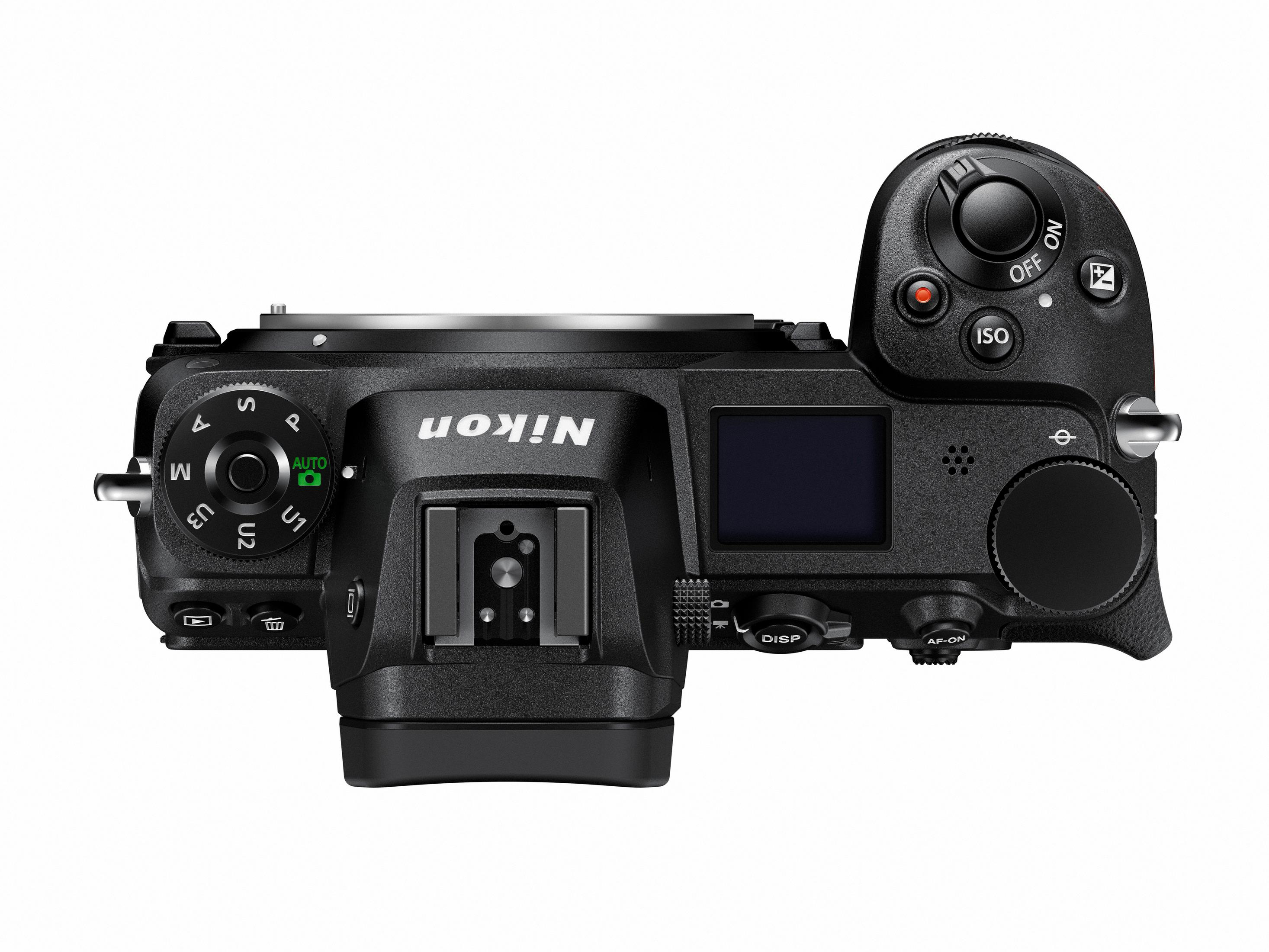 Schwarze Nikon Kamera, Draufsicht, mit mehreren Rädern, Knöpfen und einem Display.