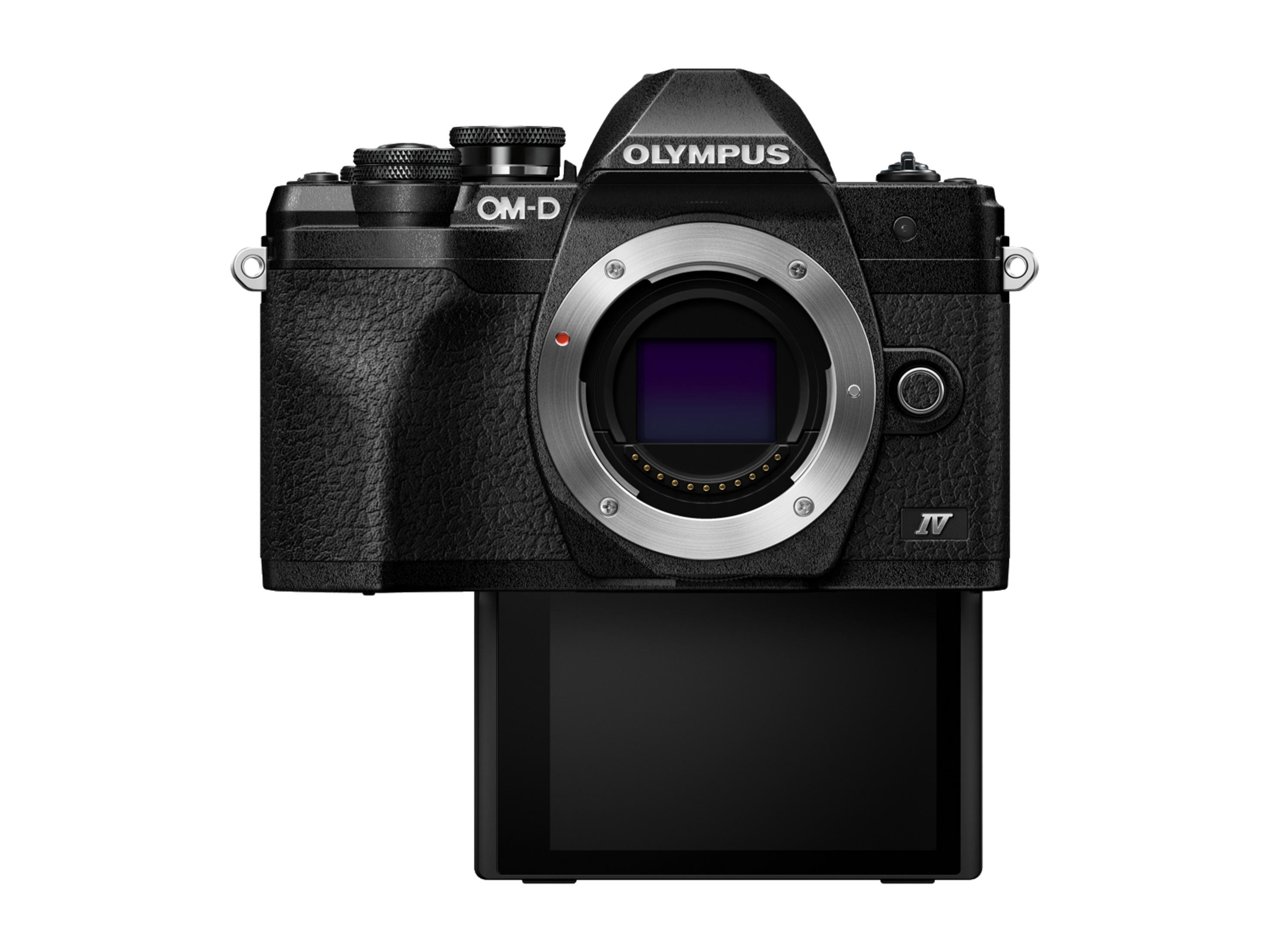 Black Olympus camera front. Lens and adjustable LCD screen are visible.