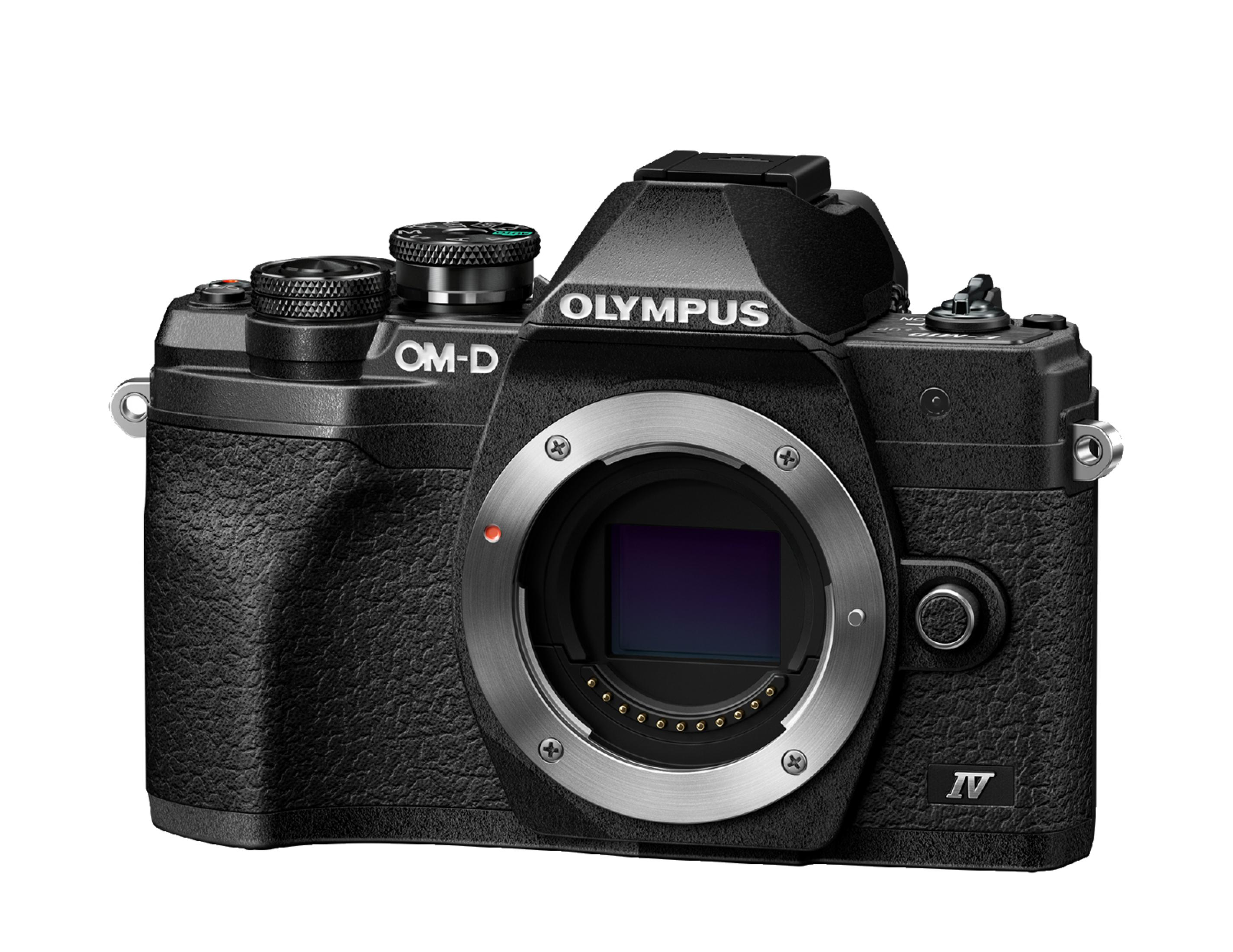 Black Olympus OM-D camera. Lens and controls are visible against a white background.