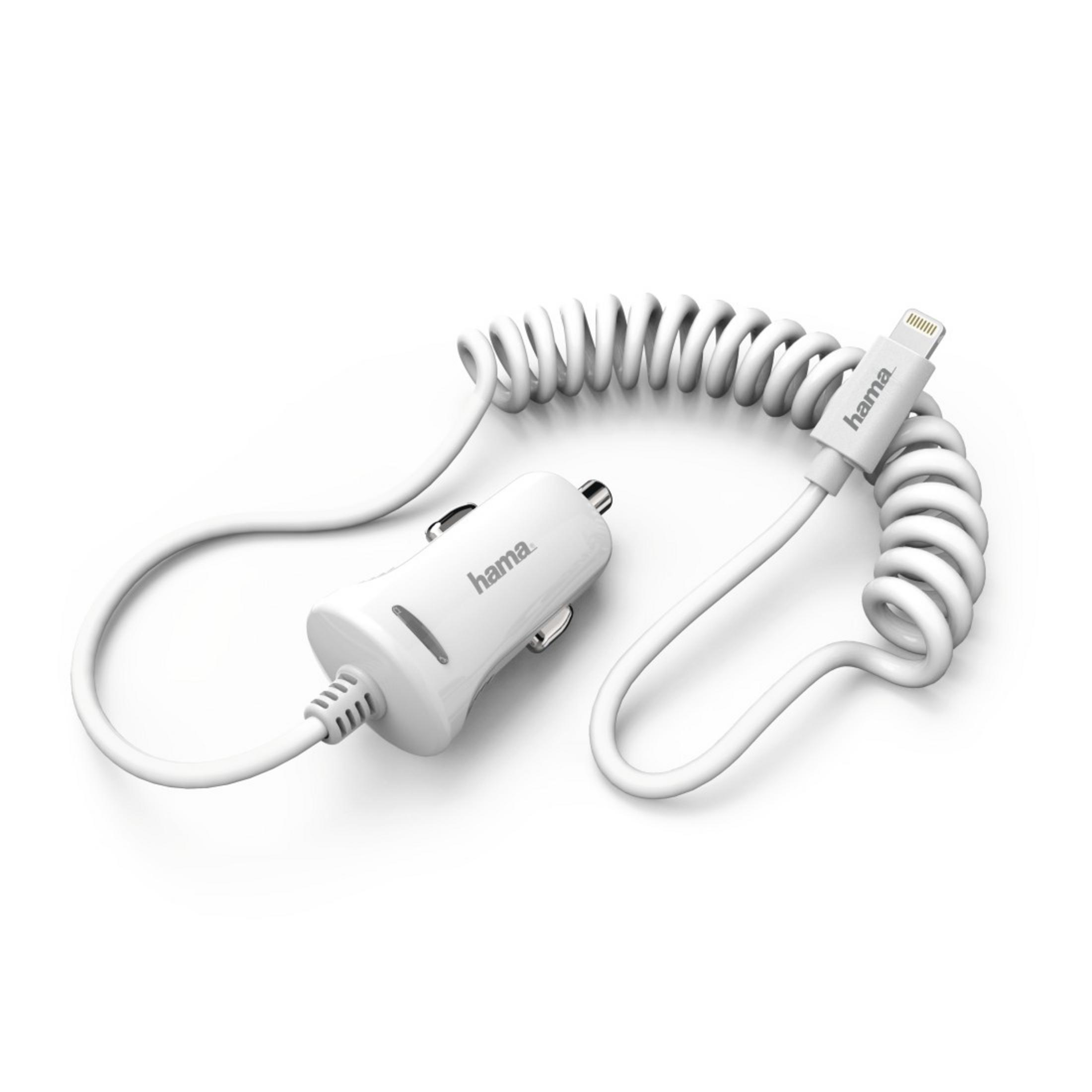 Weißes Autoladegerät mit Spiralkabel. Weißes Kabel und Stecker. 'hama' Branding.