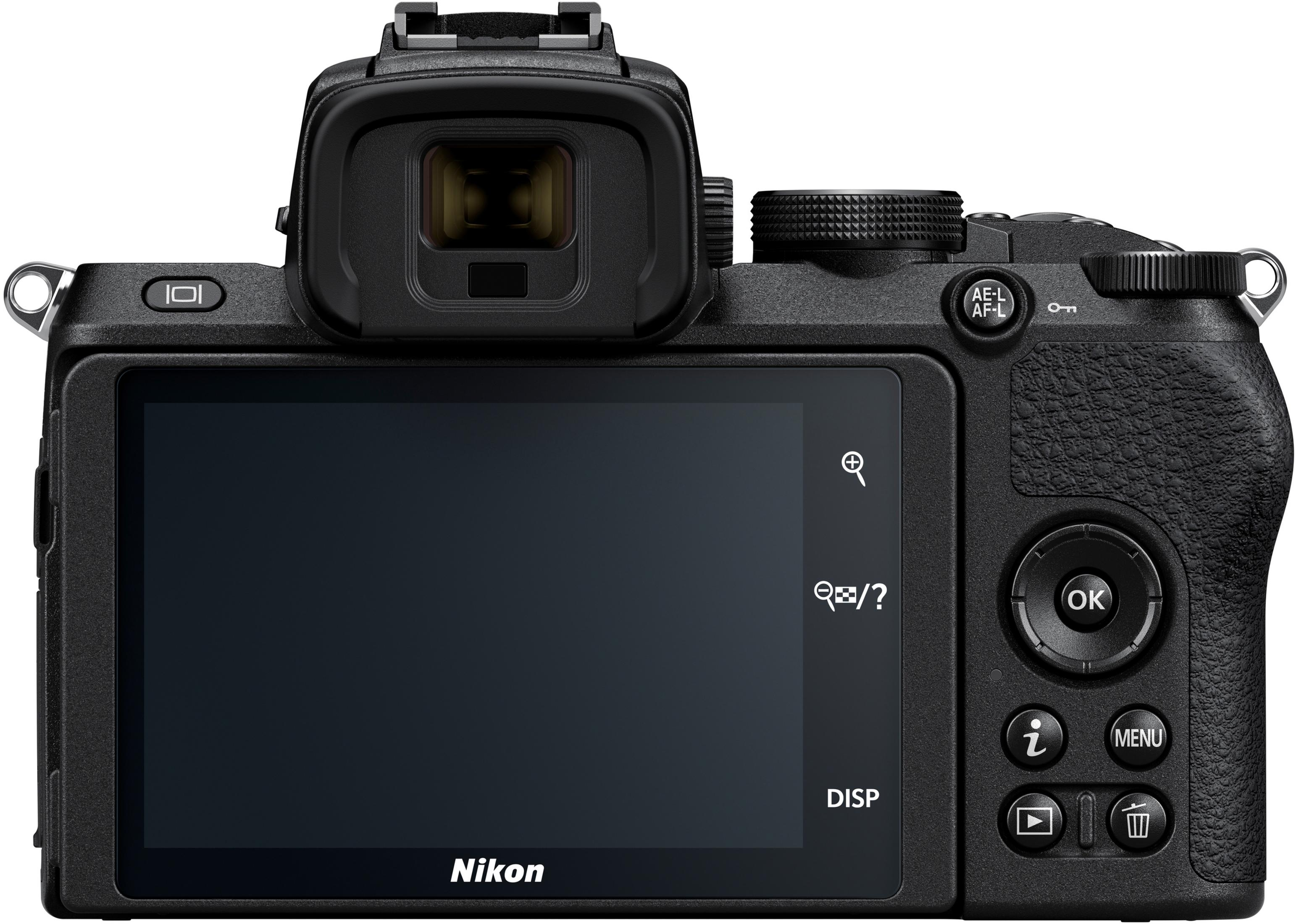 Schwarze Nikon-Kamera-Rückseite. LCD-Bildschirm, Knöpfe und Sucher sind sichtbar.