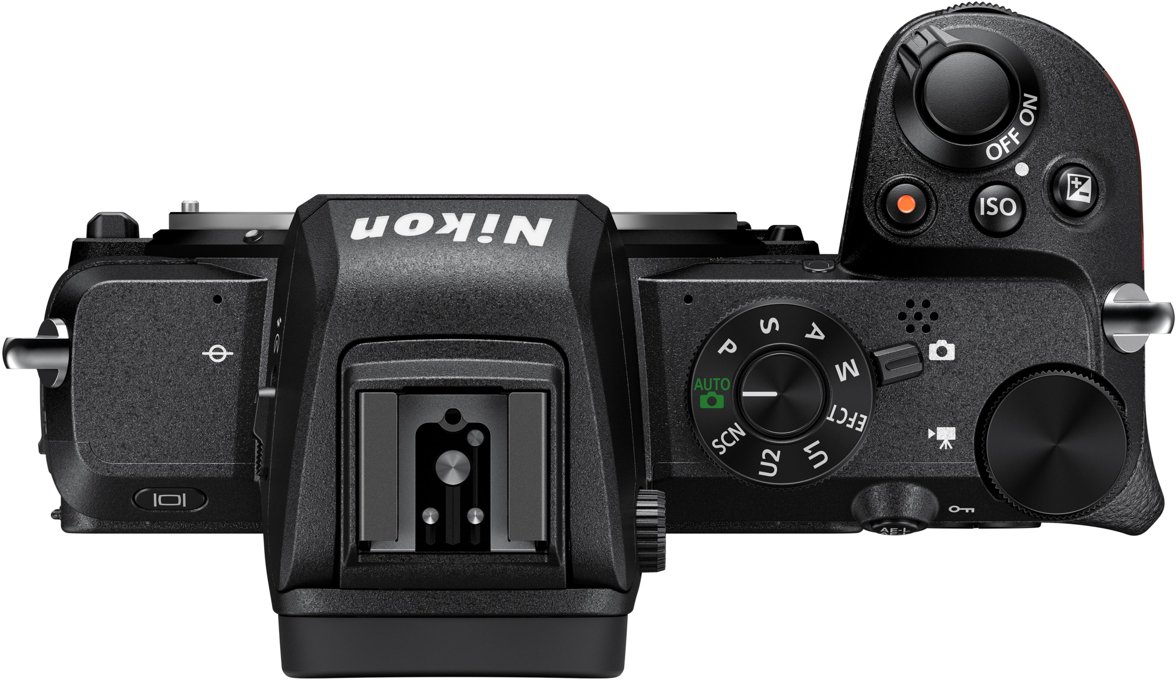 Nikon Kamera von oben: Schwarzes Gehäuse, Knöpfe, Räder und Blitz.