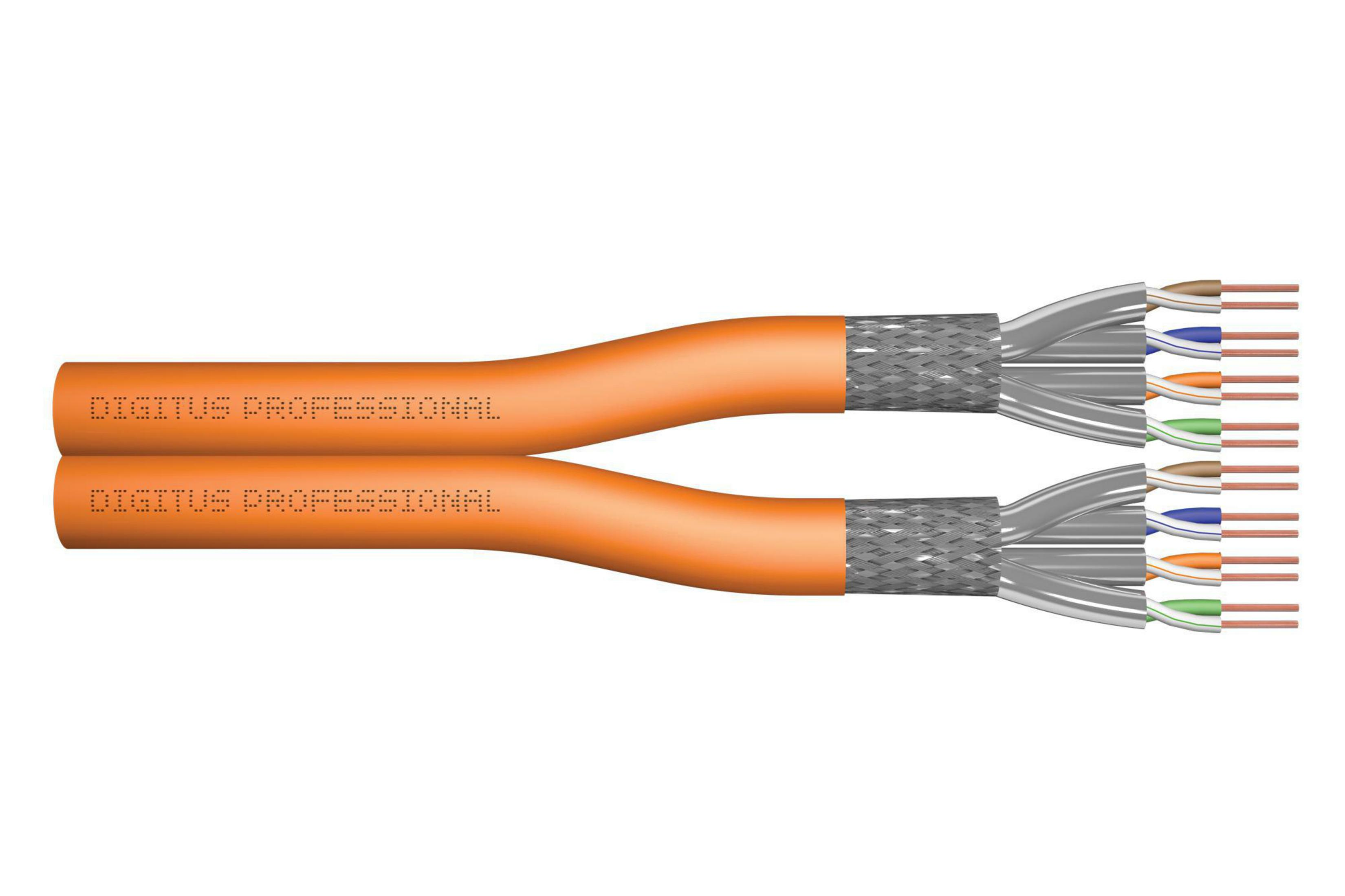 Zwei orange CAT-Kabel mit abisolierten Enden, die Drähte zeigen.