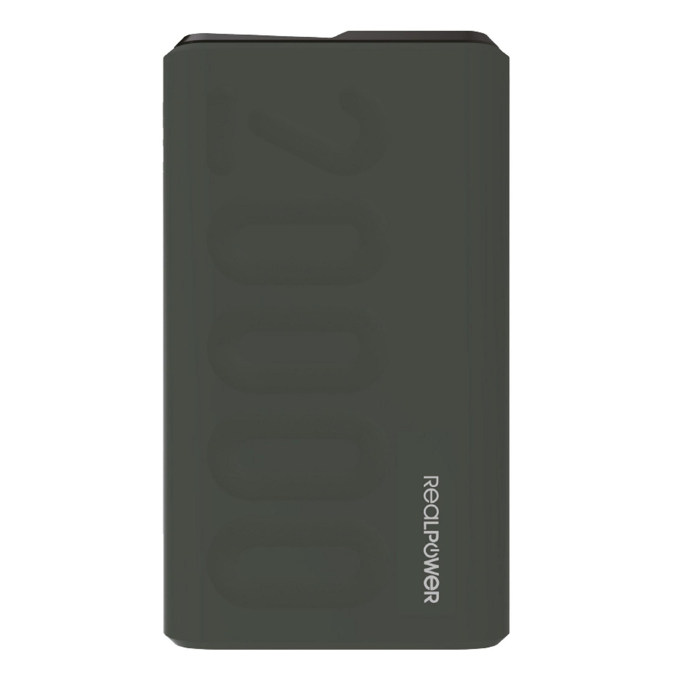 Dunkelgraue Powerbank mit weißem Aufdruck „20000“ und „RealPower“.
