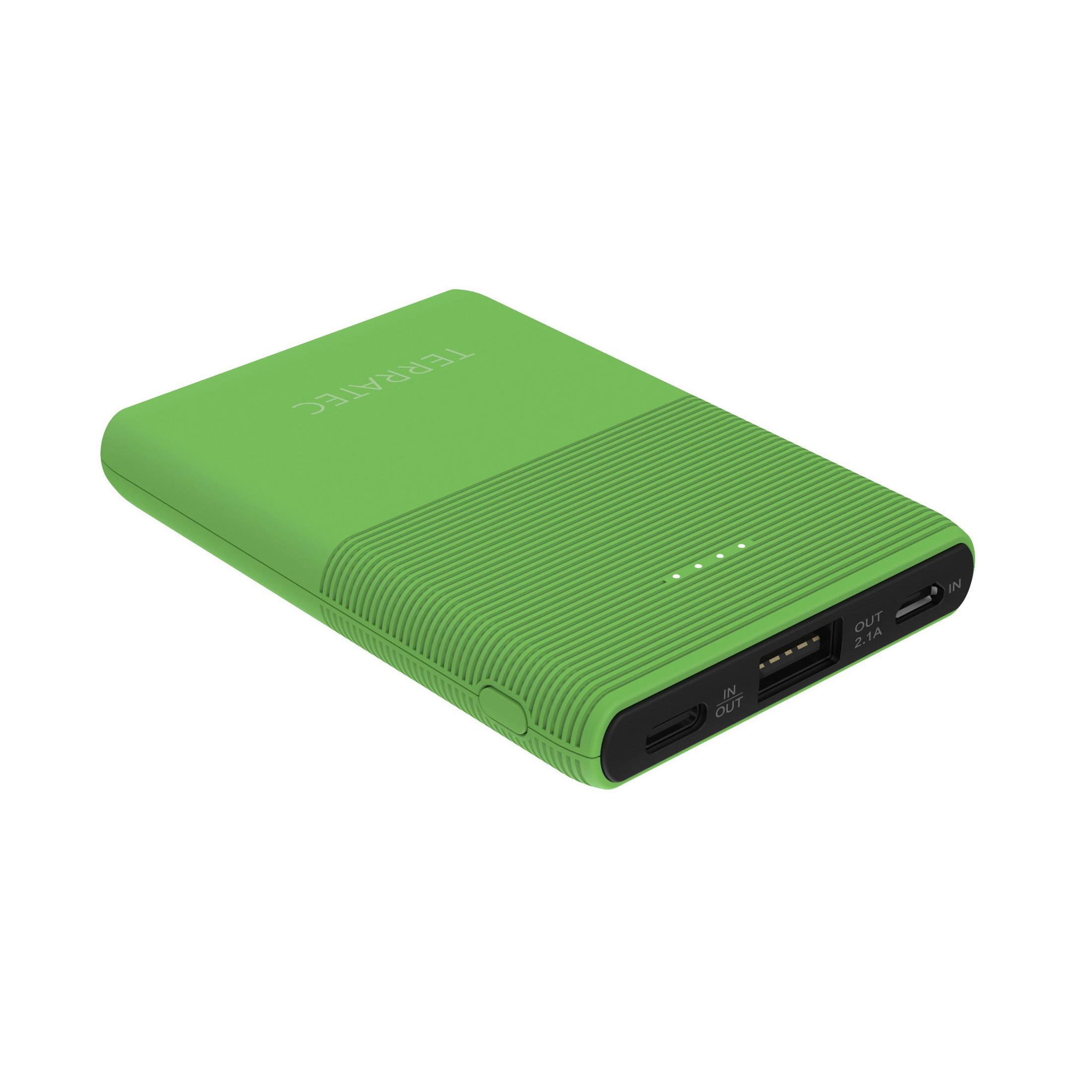 Un power bank Terratec verde con porte USB su una superficie bianca.